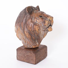 Vintage British Colonial Style Carved Wood Lion Head Sculpture