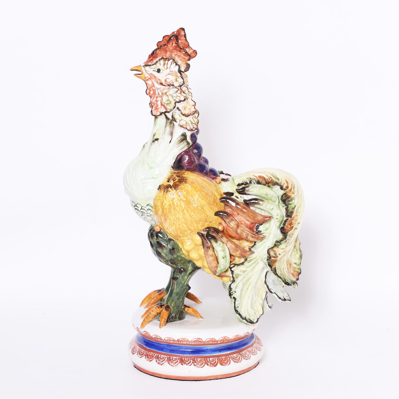 Large Whimsical mid-century Italian object of art crafted in porcelain depicting a rooster with vegetable body parts. Signed indistinctly on the bottom.