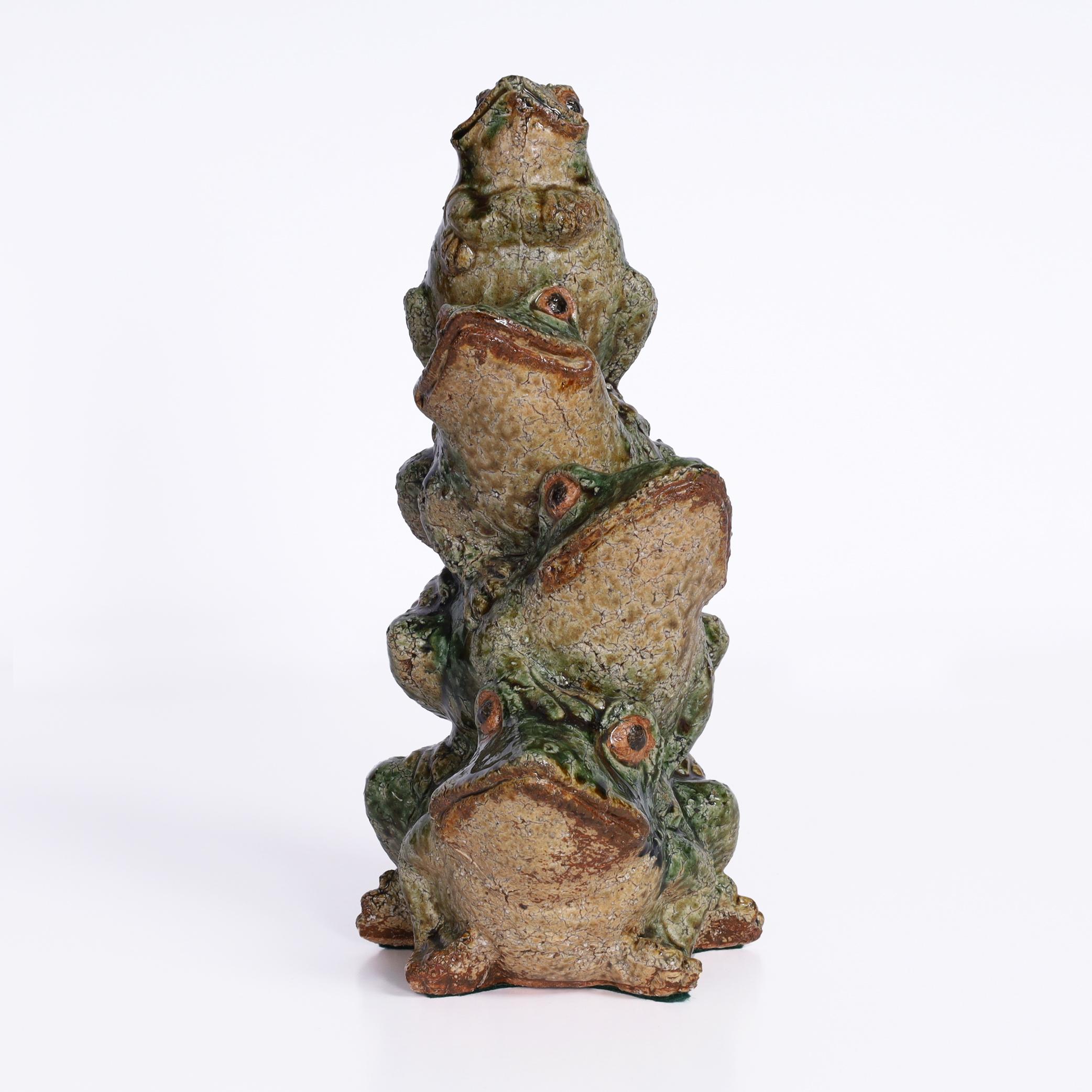 Vintage Chinese Glazed Terra Cotta Stack of Frogs - Other Art Style Sculpture by Unknown