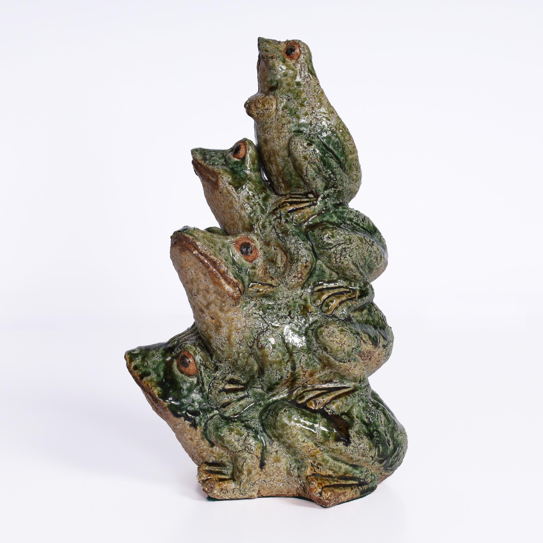 Vintage Chinese Glazed Terra Cotta Stack of Frogs For Sale 2