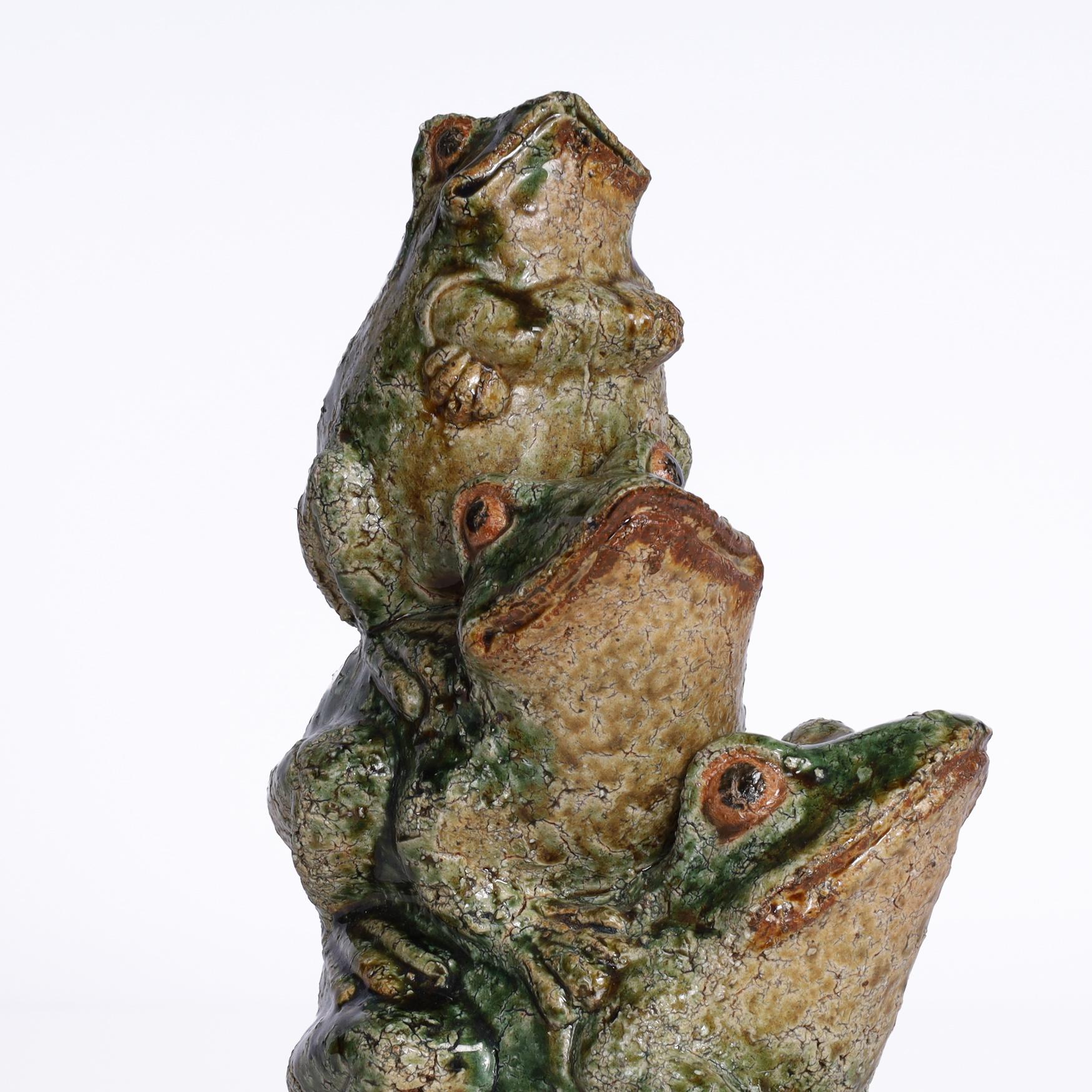 Vintage Chinese Glazed Terra Cotta Stack of Frogs For Sale 3