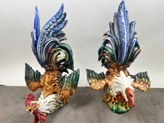 Vintage Hand-Painted Italian Majolica Ceramic Fighting Rooster Sculpture, a Pair