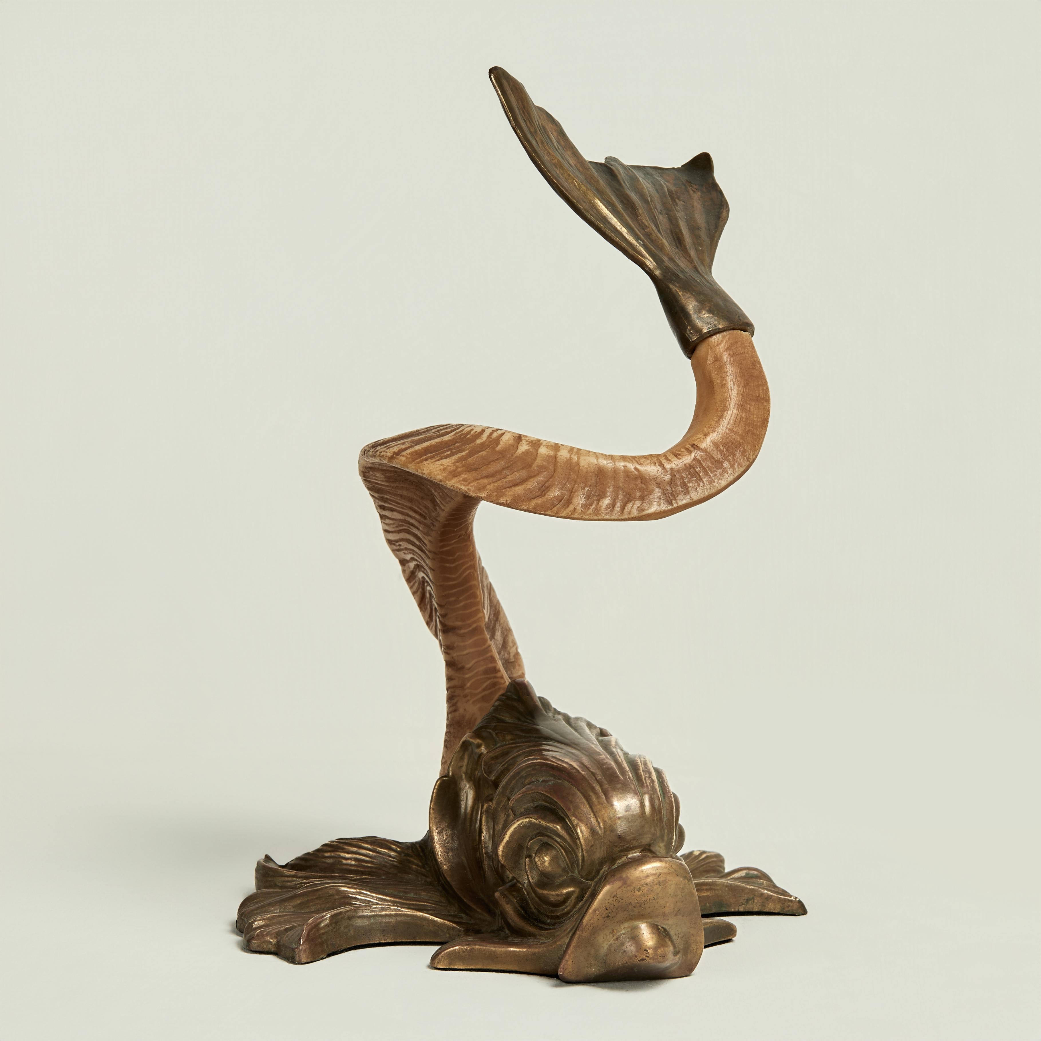 Vintage Italian Brass and Rams Horn Dolphin Sculpture For Sale 8
