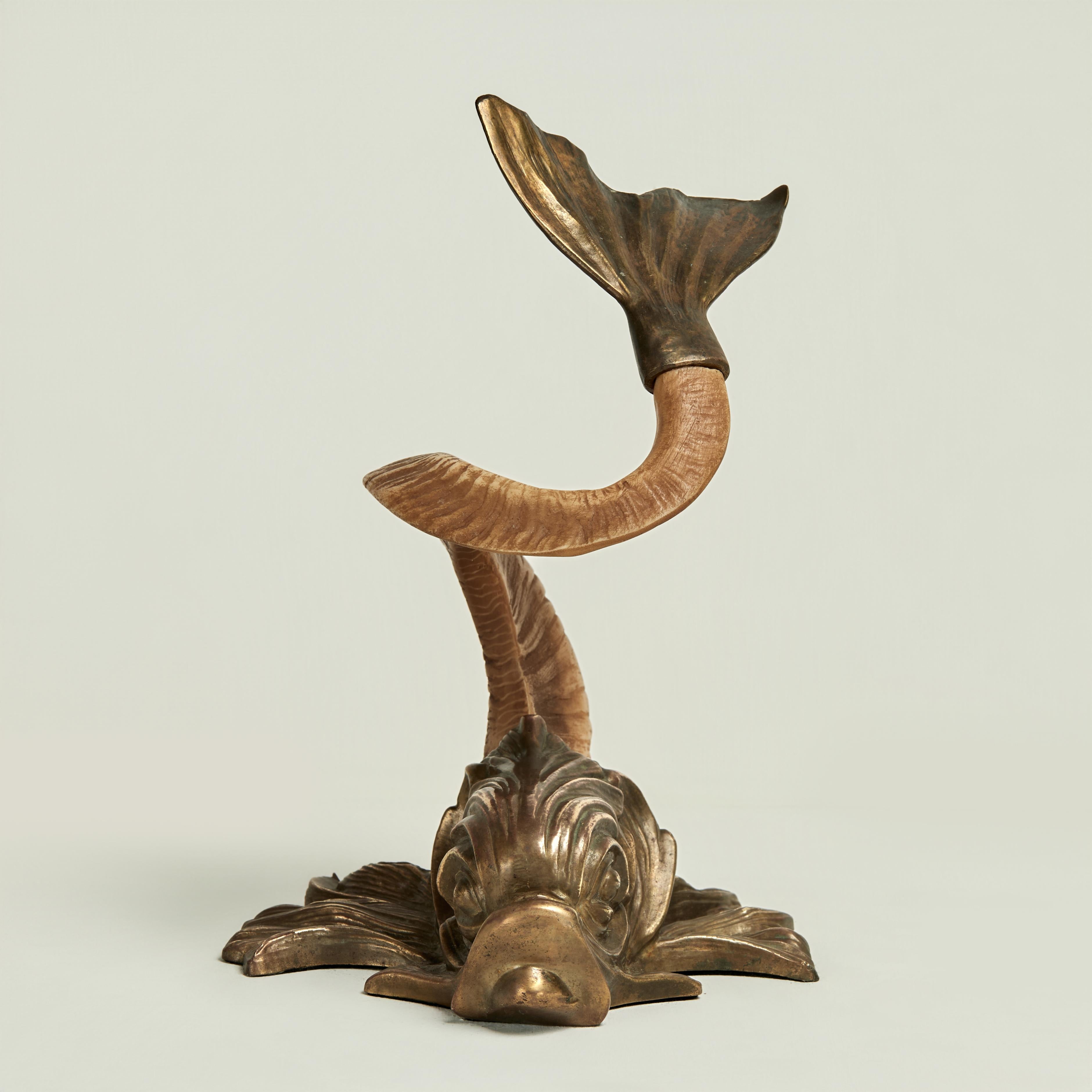 Vintage Italian Brass and Rams Horn Dolphin Sculpture - Beige Figurative Sculpture by Unknown
