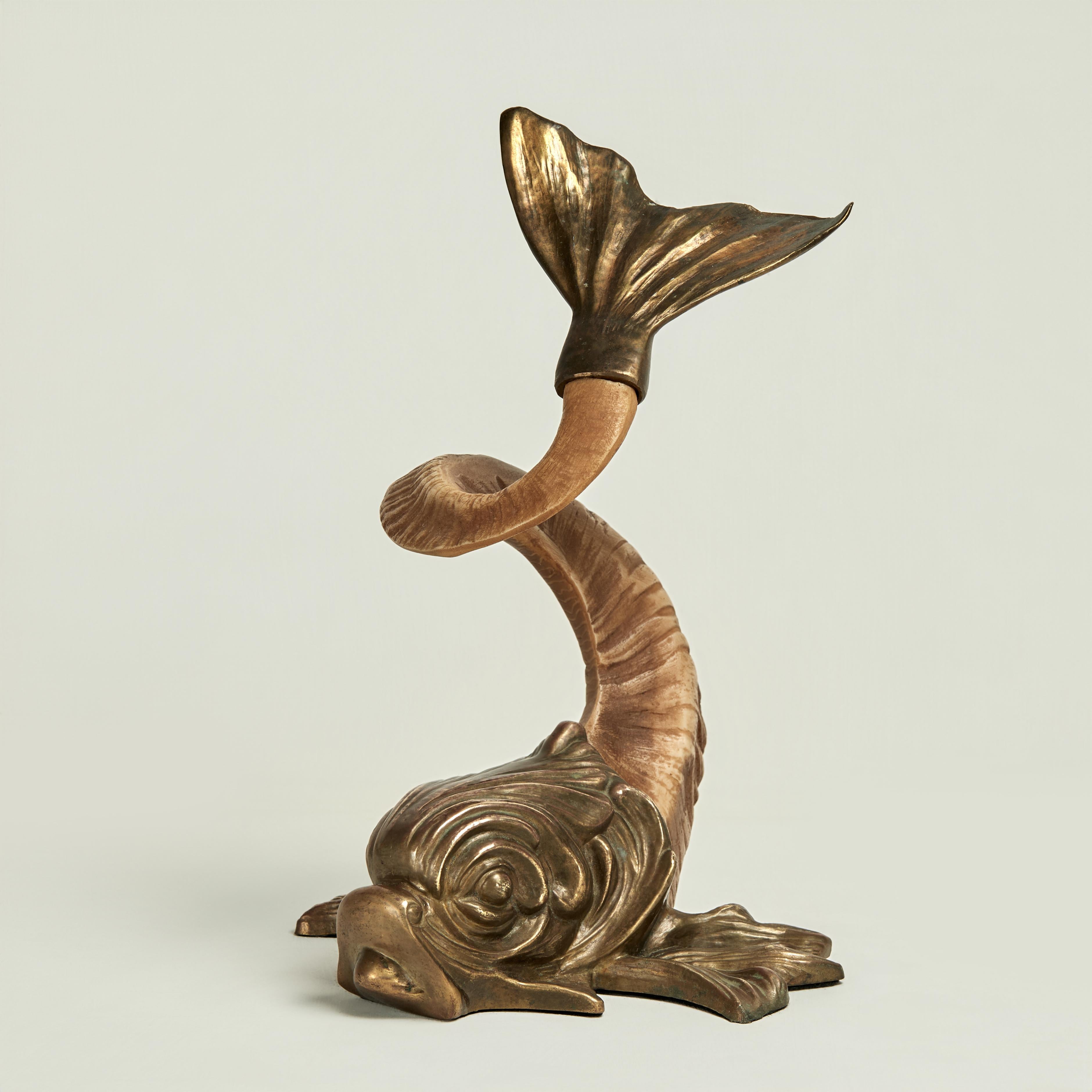 Unknown Figurative Sculpture - Vintage Italian Brass and Rams Horn Dolphin Sculpture