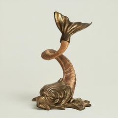 Vintage Italian Brass and Rams Horn Dolphin Sculpture