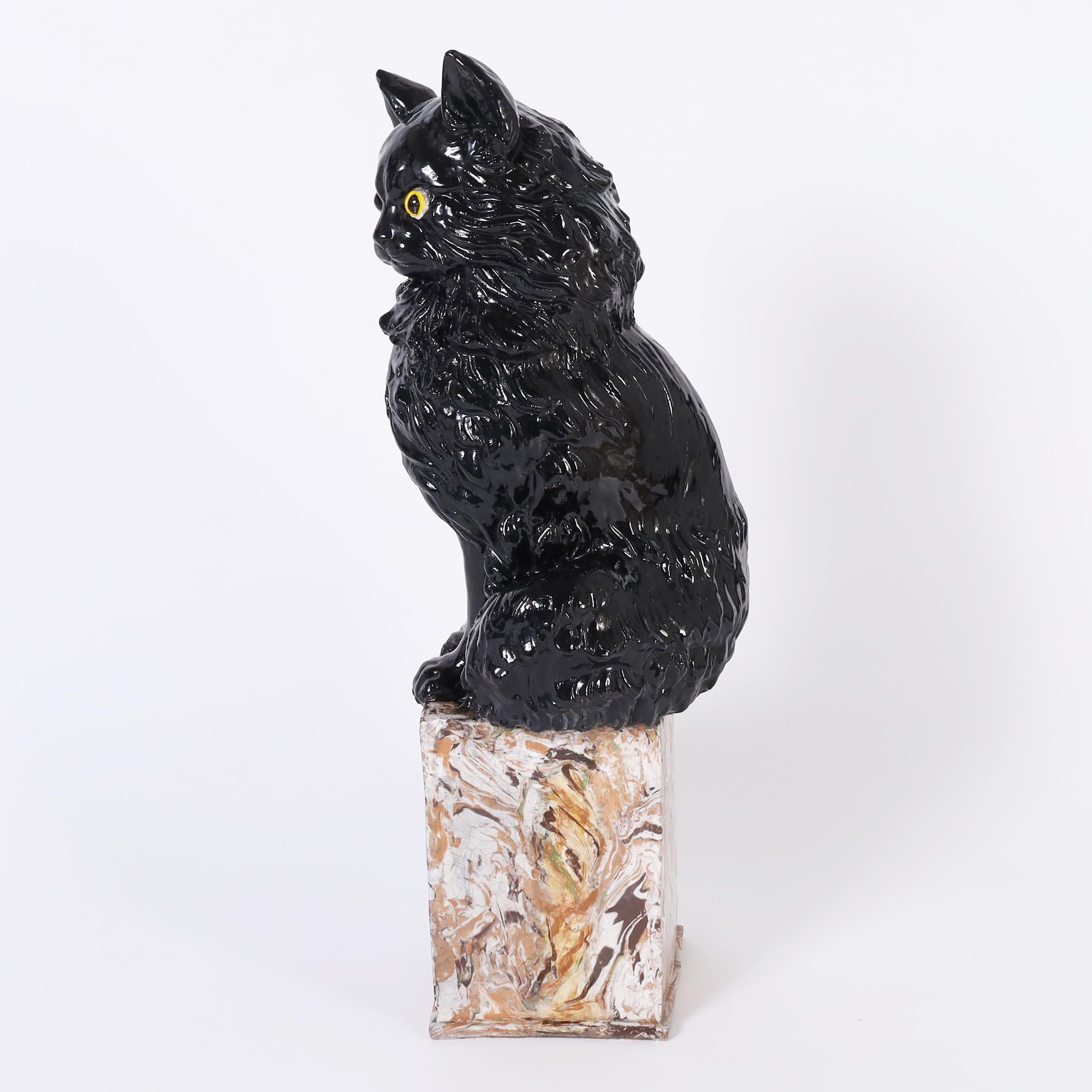 Italienische glasierte Terrakotta-Katzenskulptur, Vintage (Sonstige Kunststile), Sculpture, von Unknown