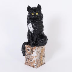 Italienische glasierte Terrakotta-Katzenskulptur, Vintage