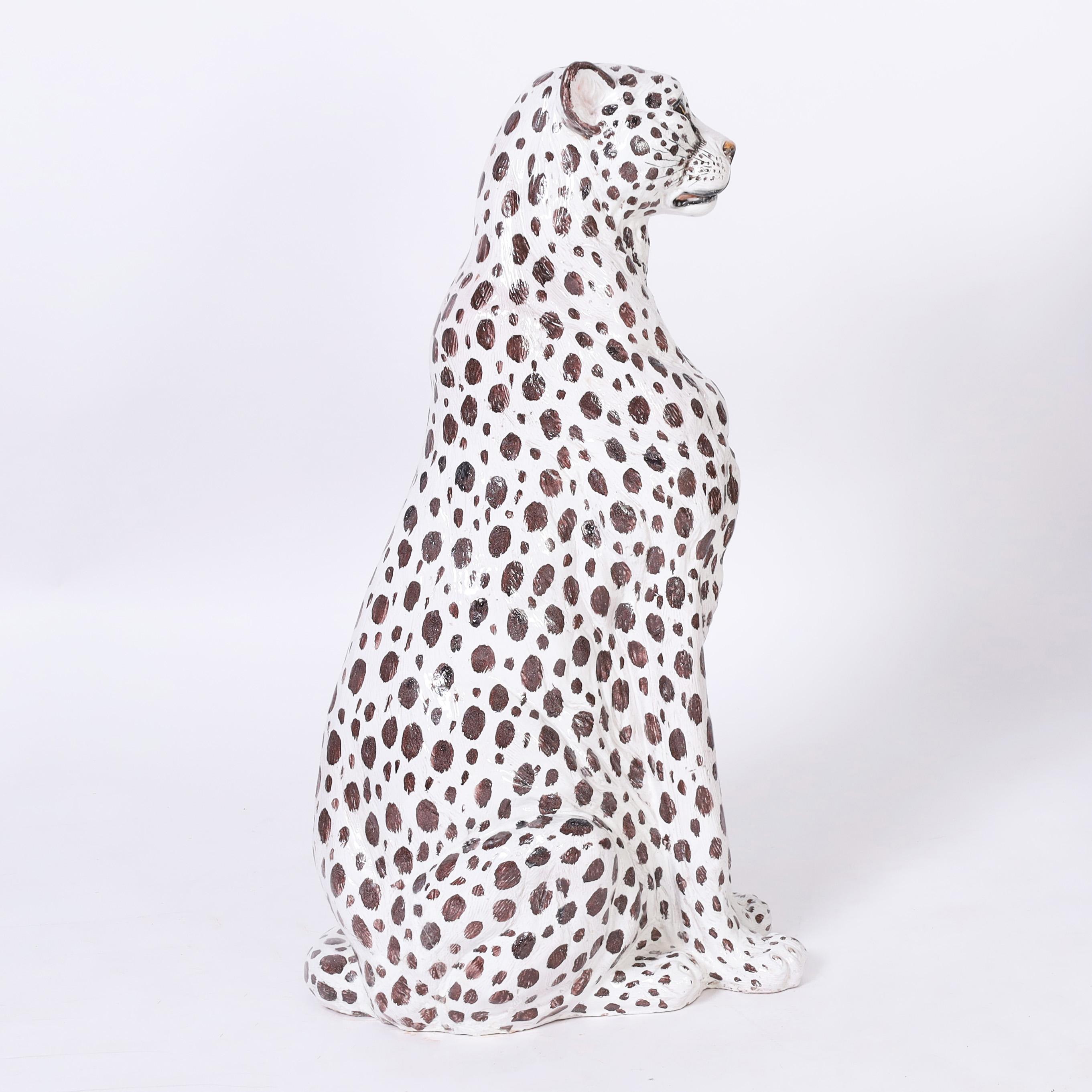 Vintage Italian Glazed Terra Cotta Cheetah - Modern Sculpture by Unknown