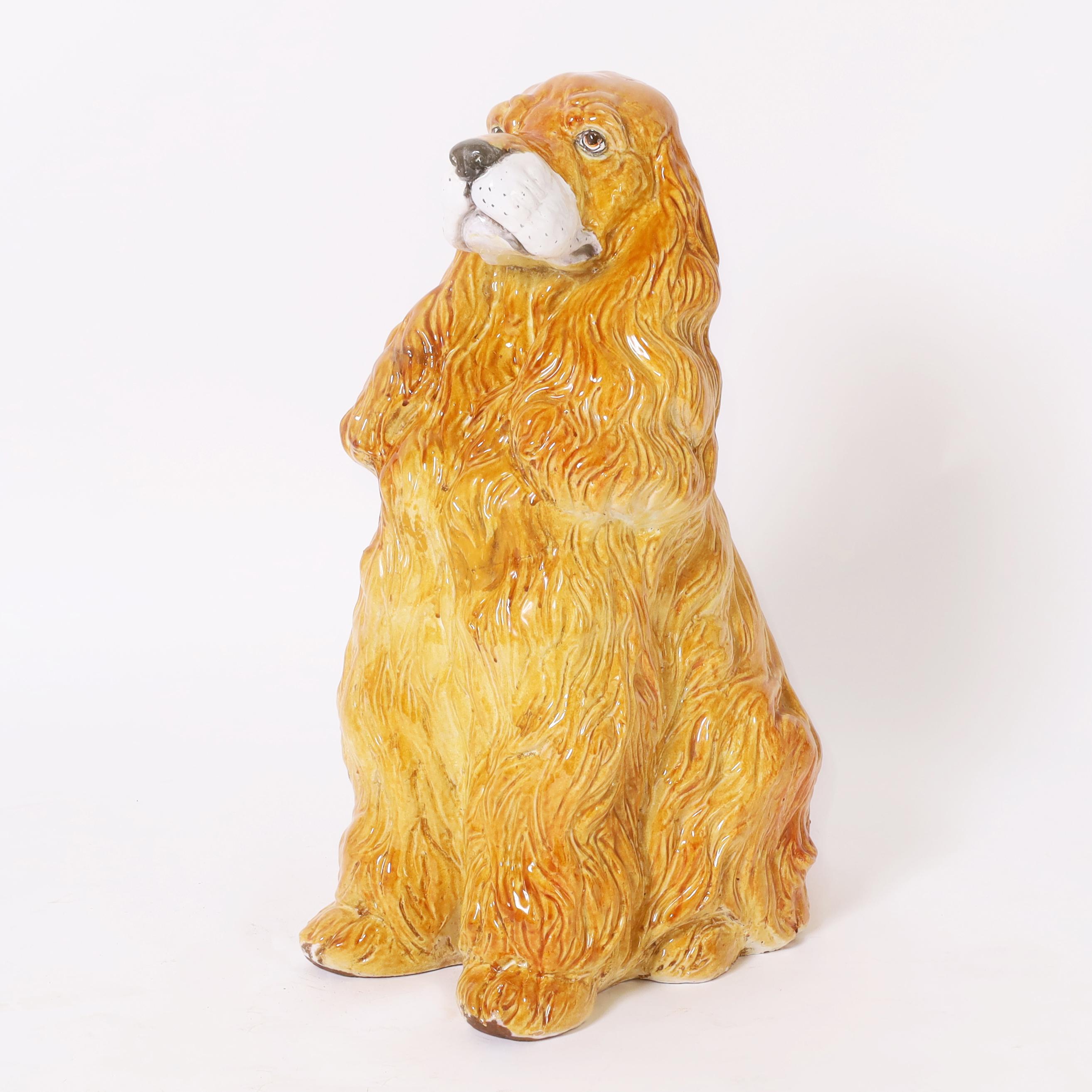 Italienischer glasierter Terrakotta-Huhn oder Cocker Spaniel, Vintage – Sculpture von Unknown