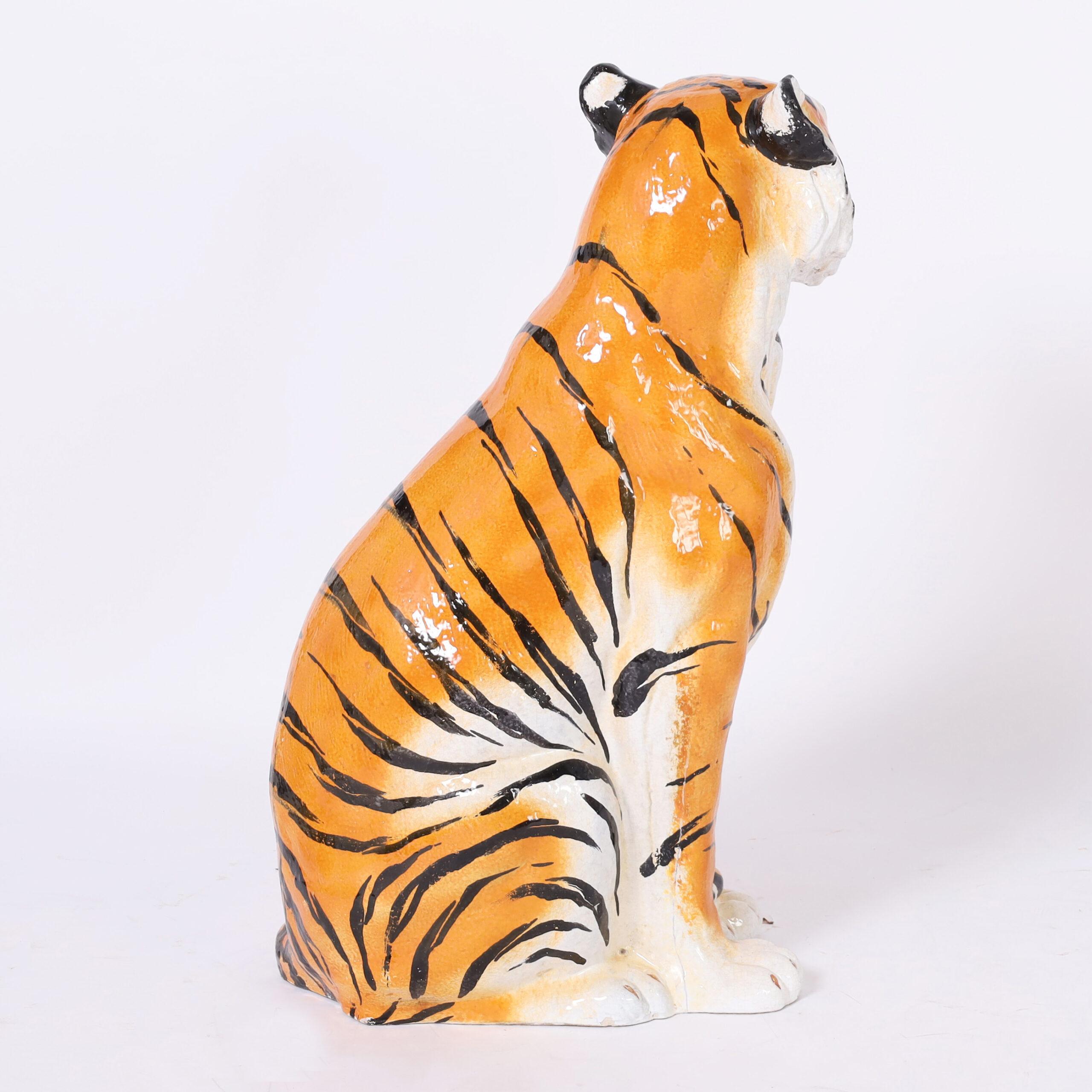 Italienischer glasierter Terrakotta-Tiger im Vintage-Stil im Angebot 1