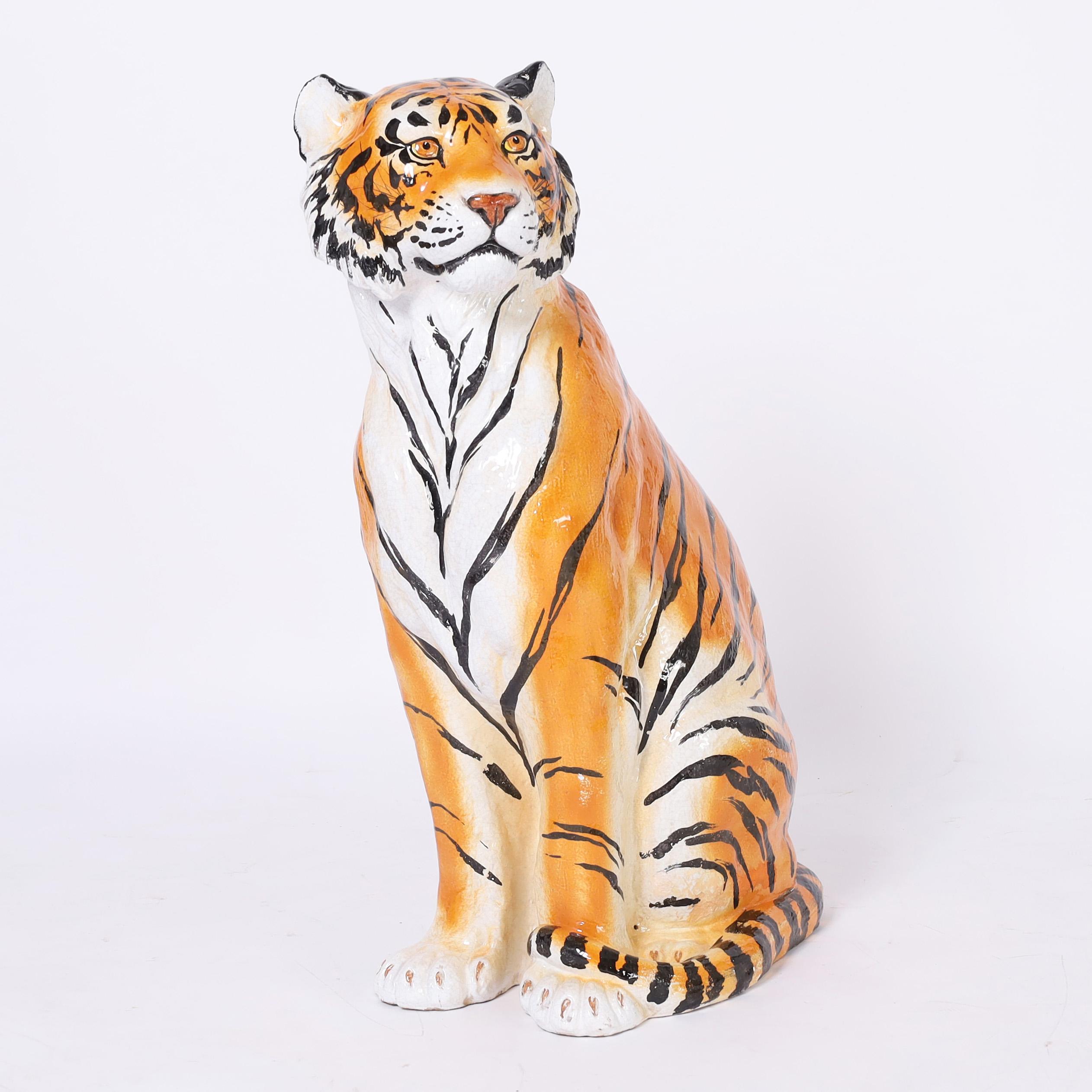 Italienischer glasierter Terrakotta-Tiger im Vintage-Stil – Sculpture von Unknown