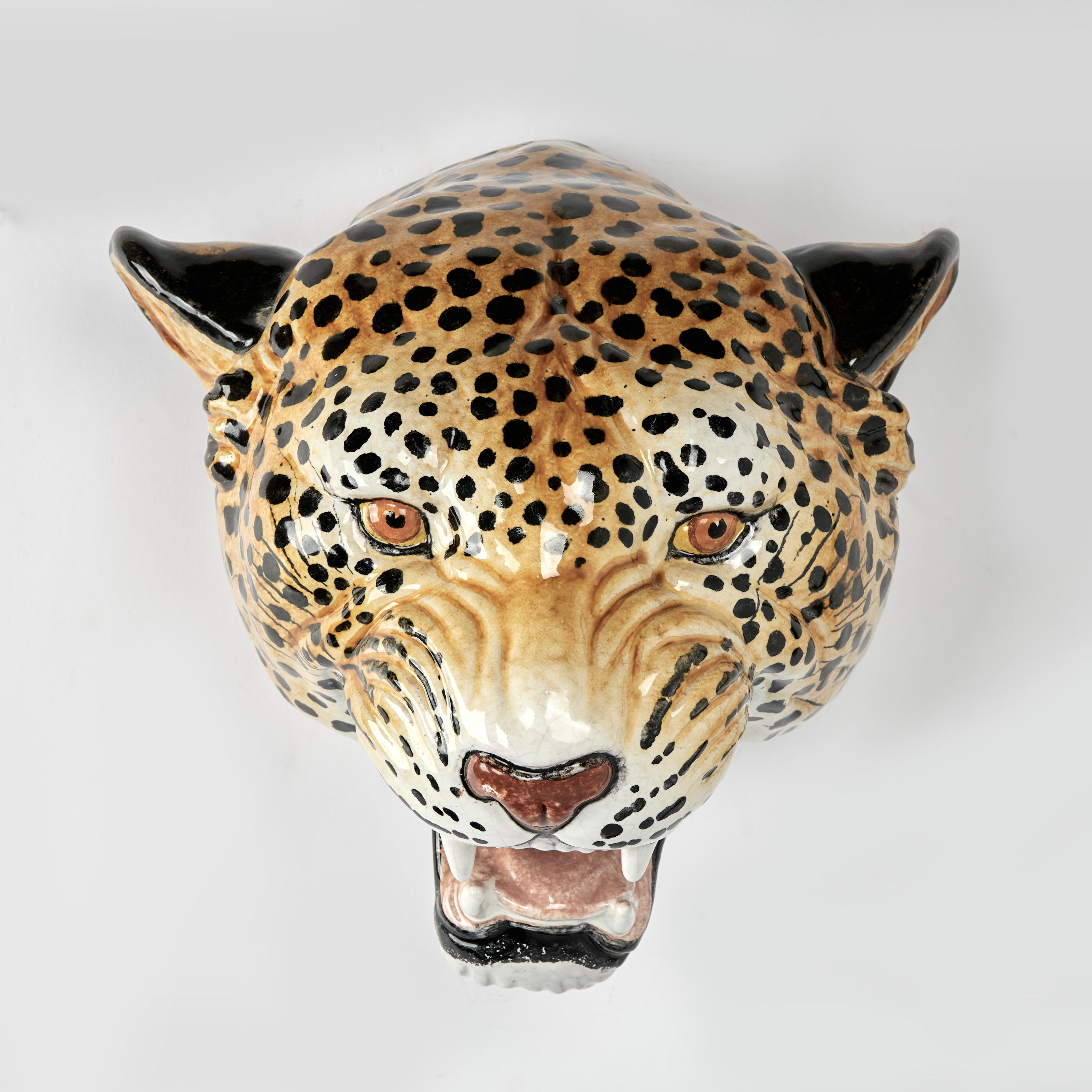Vintage Italian Glazed Terra Cotta Wall Hanging Leopard Head - Sculpture by Unknown