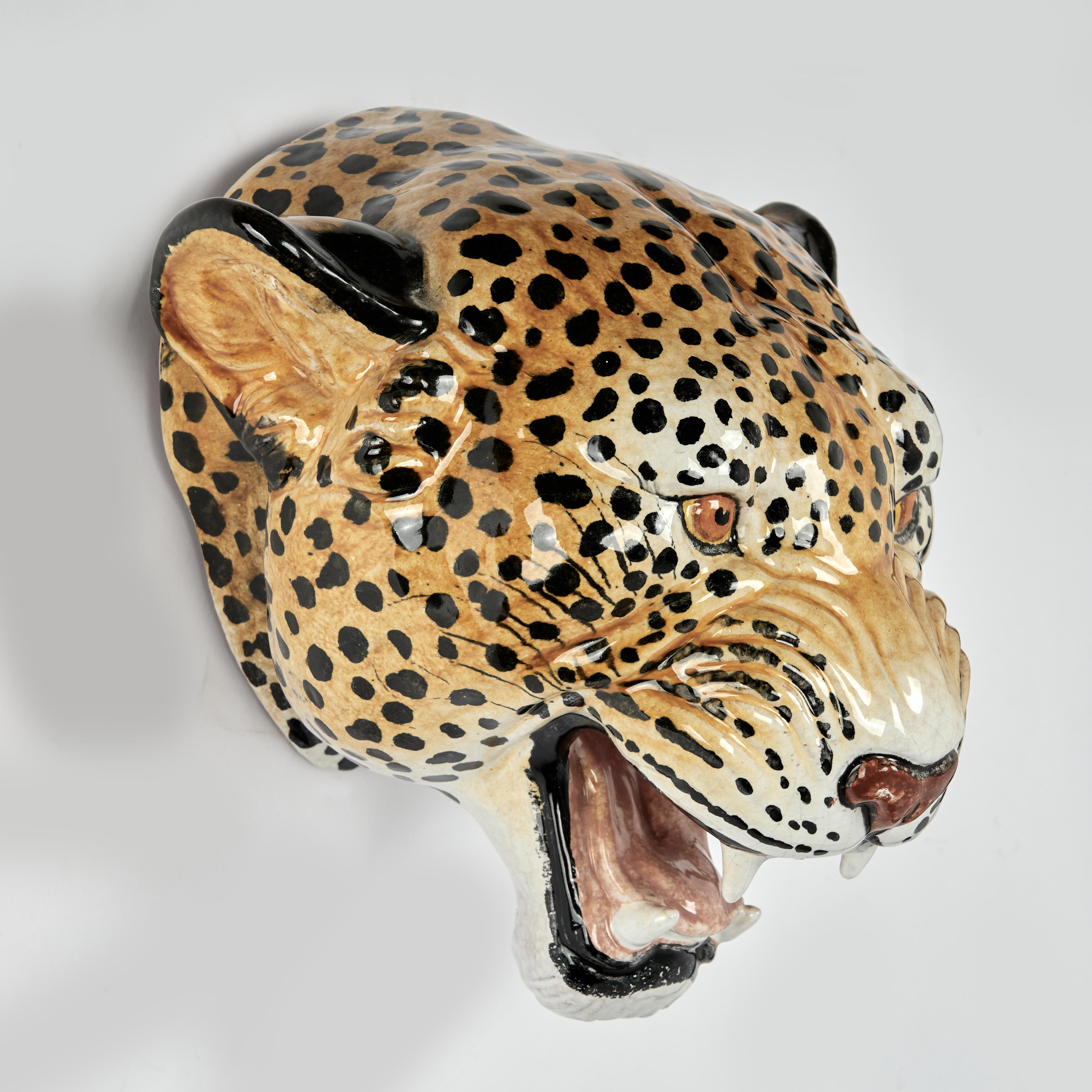 Vintage Italian Glazed Terra Cotta Wall Hanging Leopard Head - Realist Sculpture by Unknown