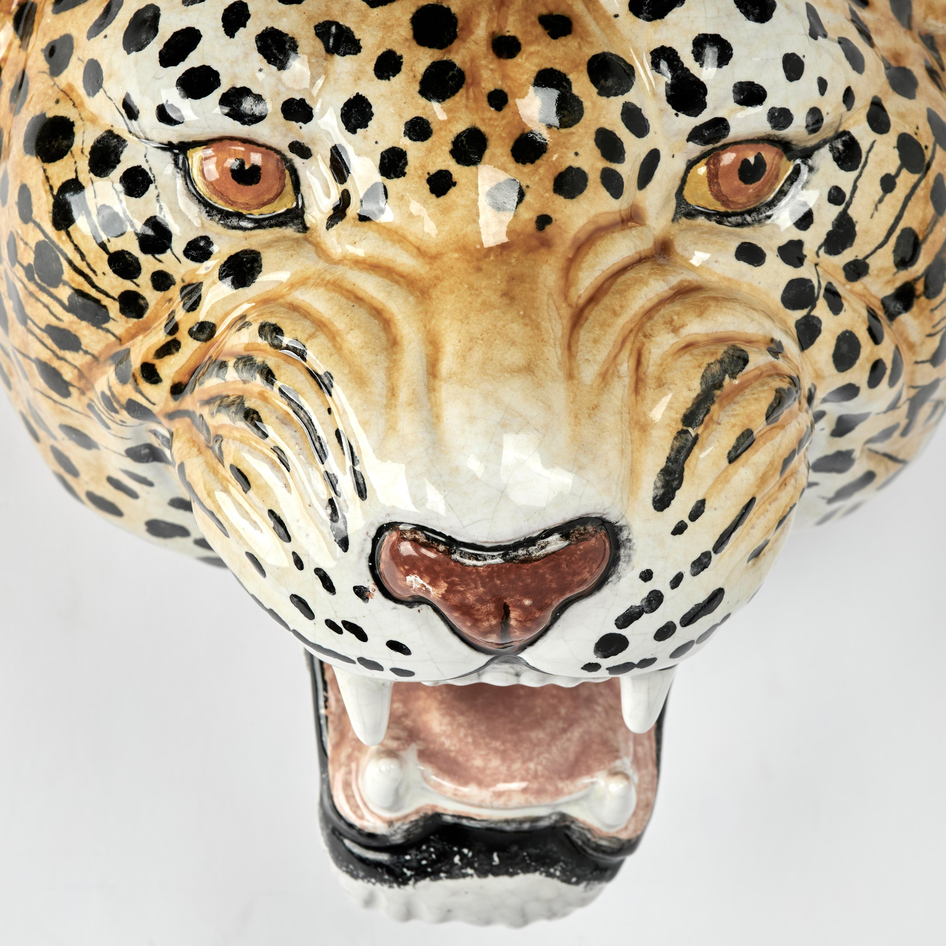 Vintage Italian Glazed Terra Cotta Wall Hanging Leopard Head For Sale 1