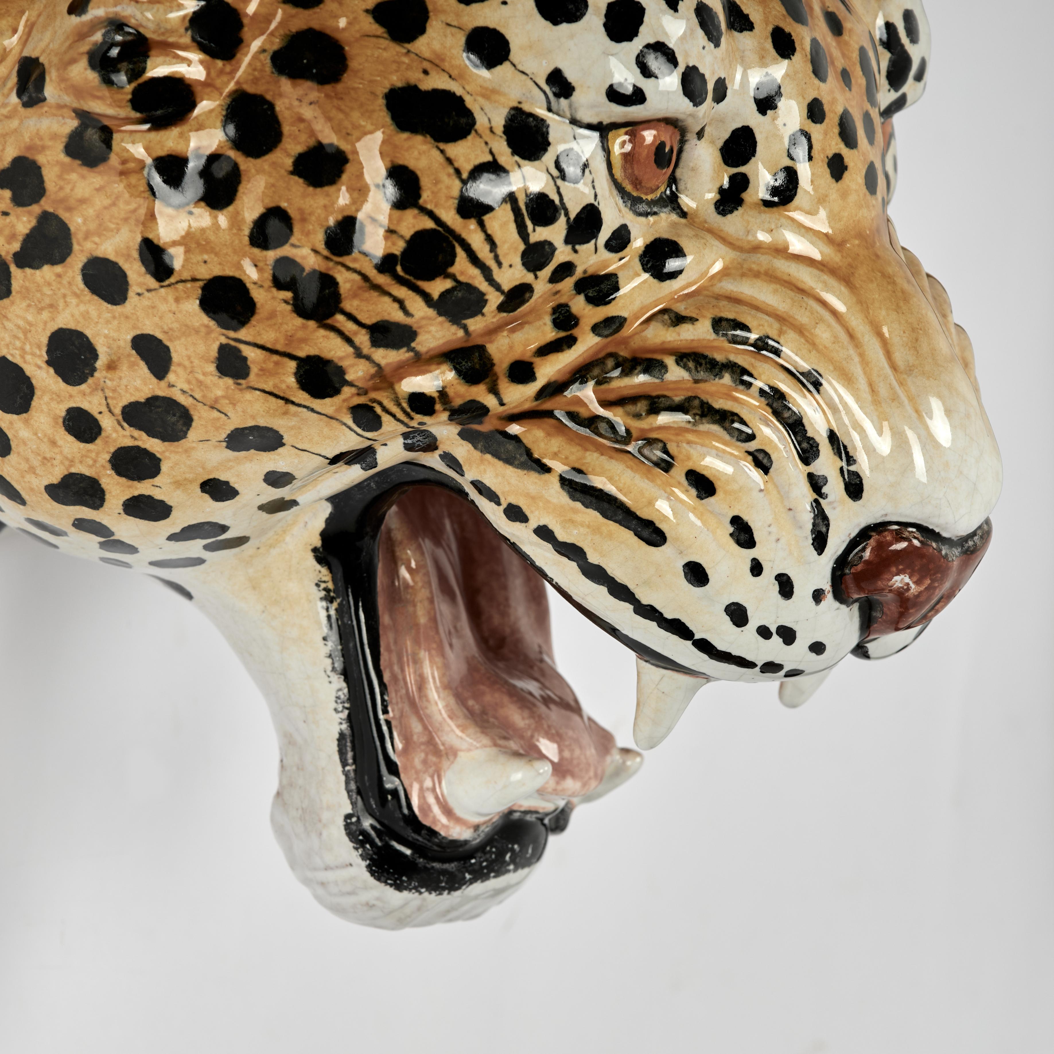 Vintage Italian Glazed Terra Cotta Wall Hanging Leopard Head For Sale 2