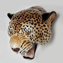 Vintage Italian Glazed Terra Cotta Wall Hanging Leopard Head