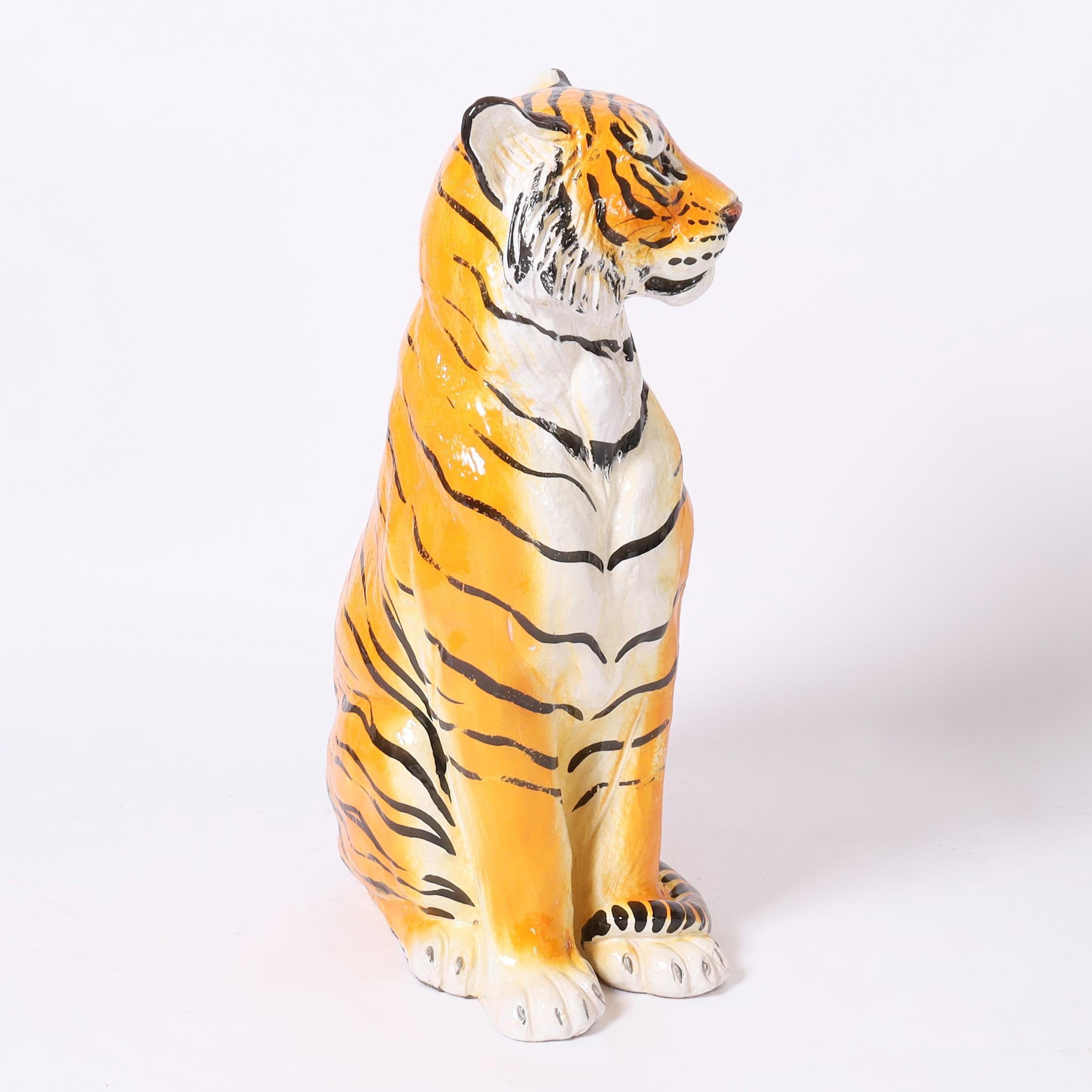 Italienische glasierte Terrakotta-Tiger-Skulptur, Vintage (Sonstige Kunststile), Sculpture, von Unknown