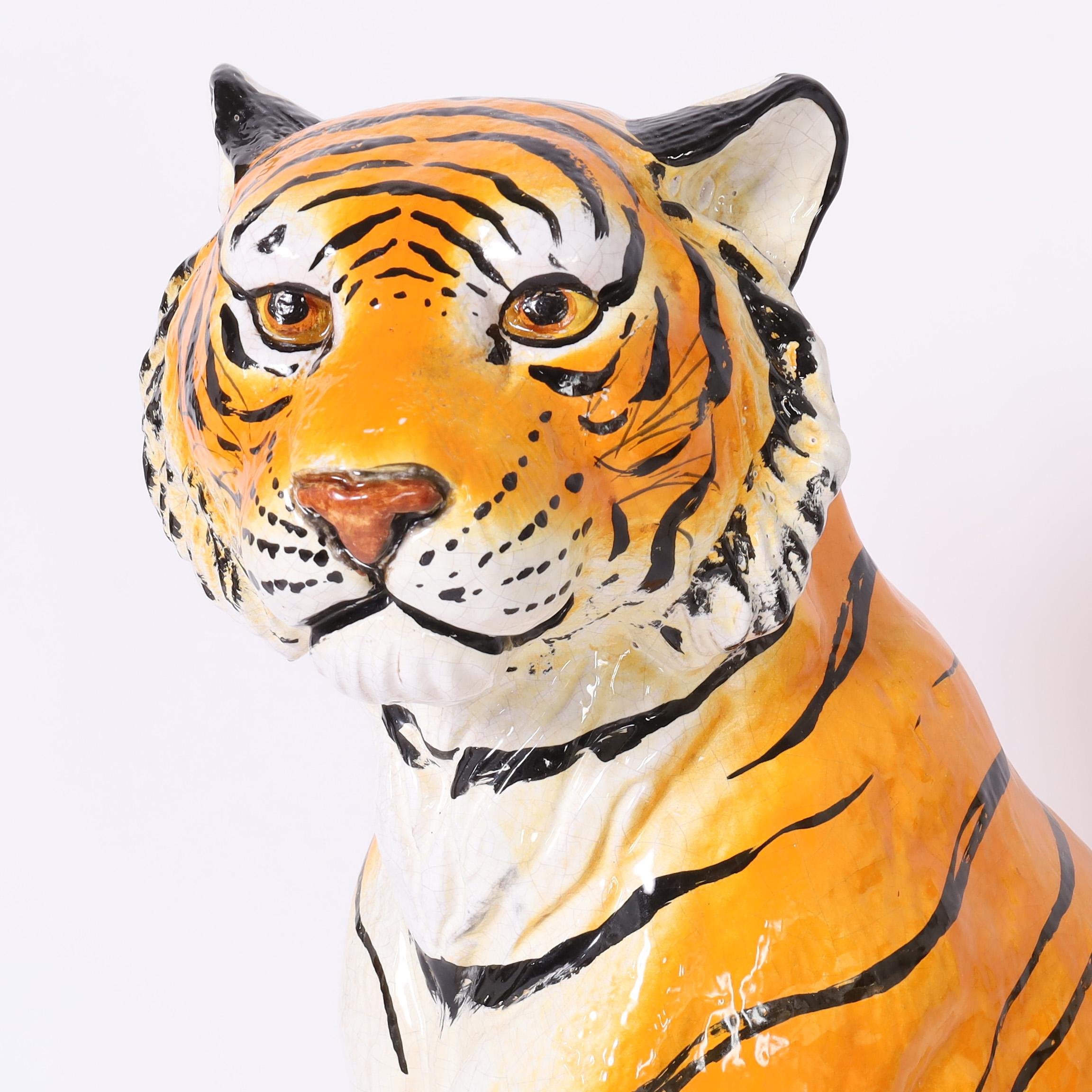 Italienische glasierte Terrakotta-Tiger-Skulptur, Vintage im Angebot 1