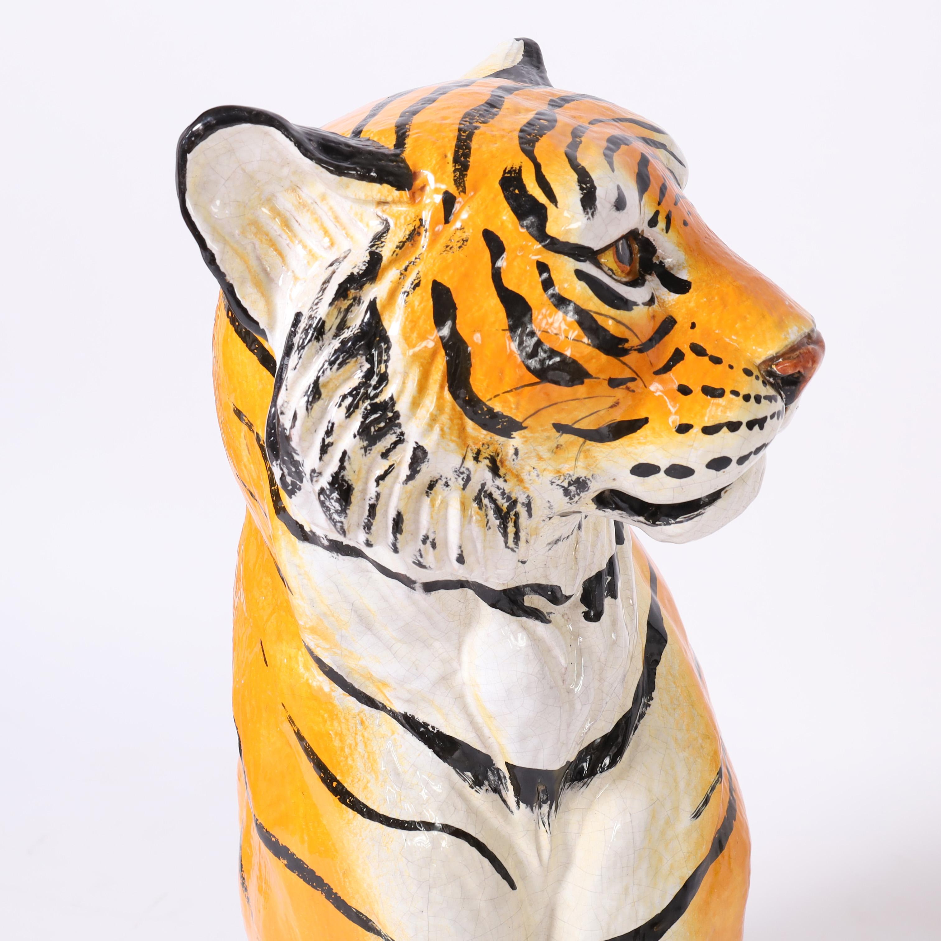 Italienische glasierte Terrakotta-Tiger-Skulptur, Vintage im Angebot 2