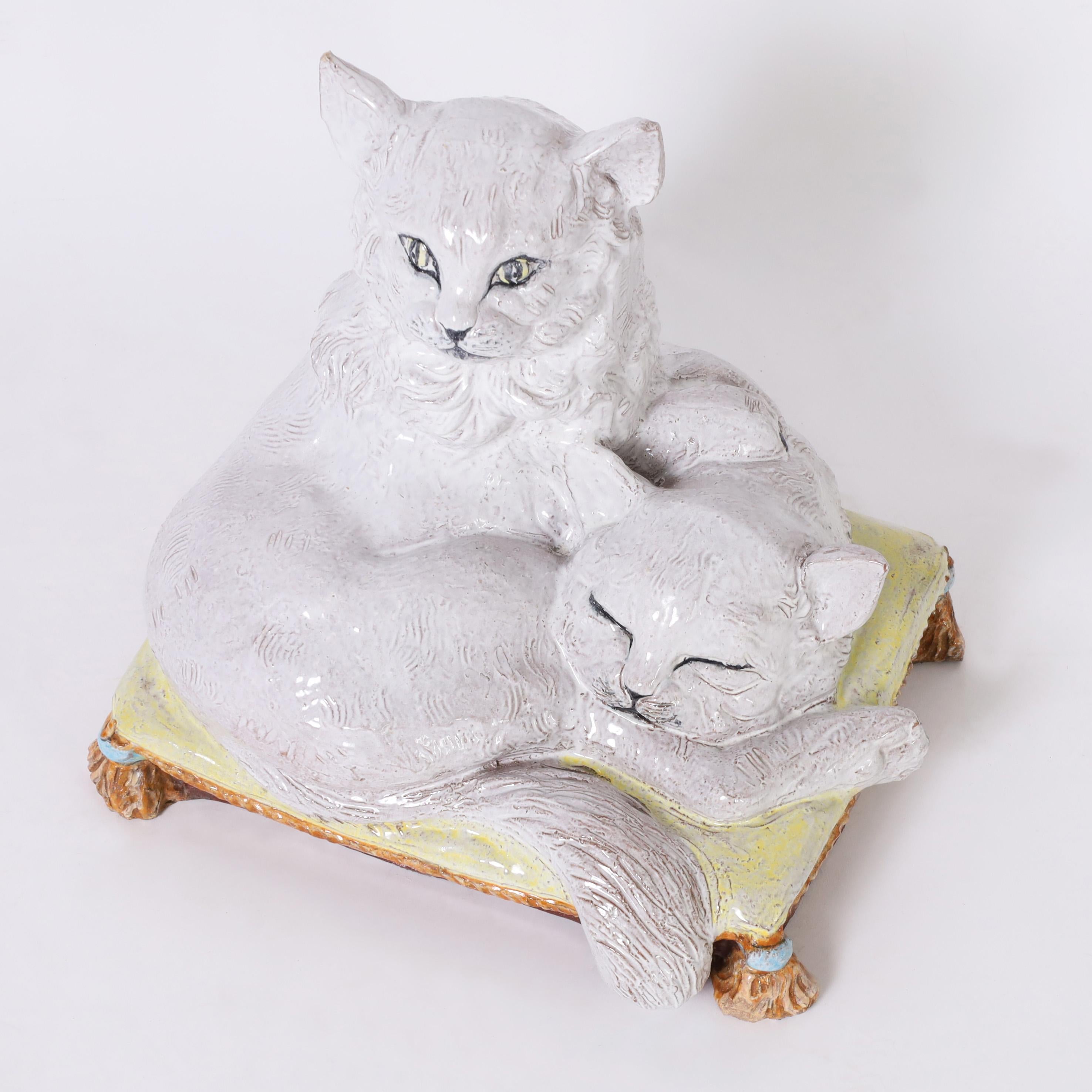 Vintage Italian Terra Cotta Two Cats on a Pillow - Other Art Style Sculpture by Unknown