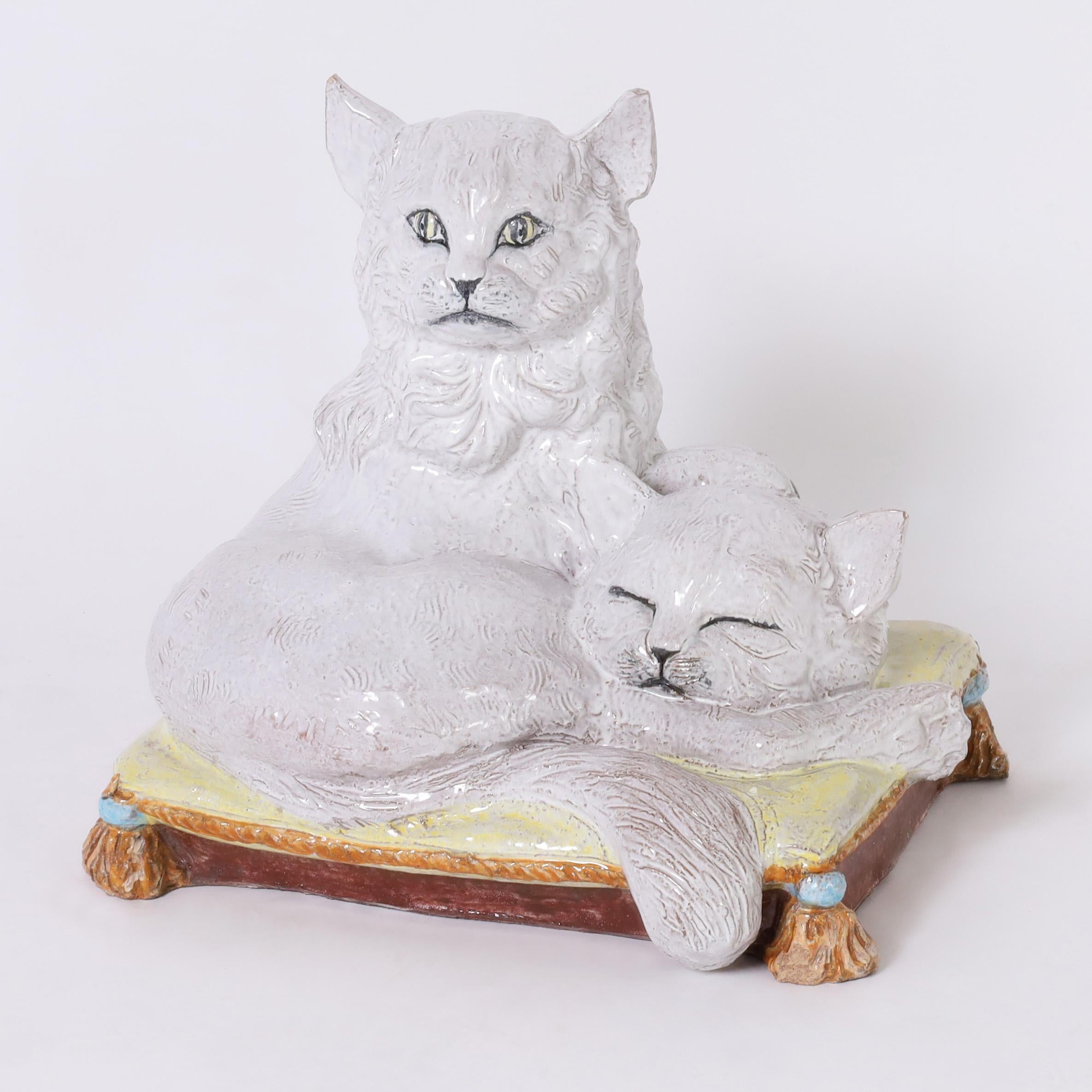 Vintage Italian Terra Cotta Two Cats on a Pillow - Sculpture by Unknown