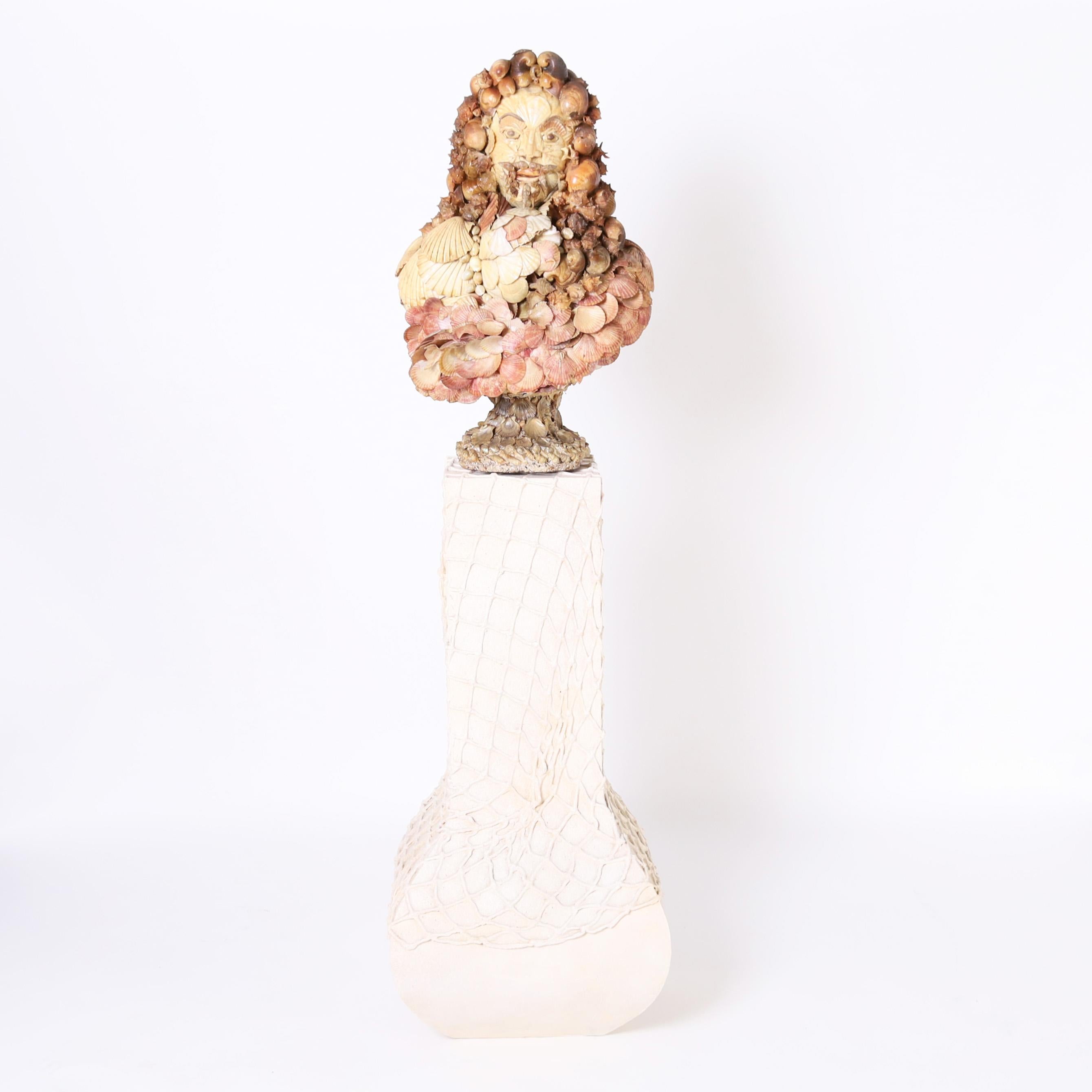 Vintage Seashell Encrusted Grotto Style Bust and Pedestal - Victorian Sculpture by Unknown