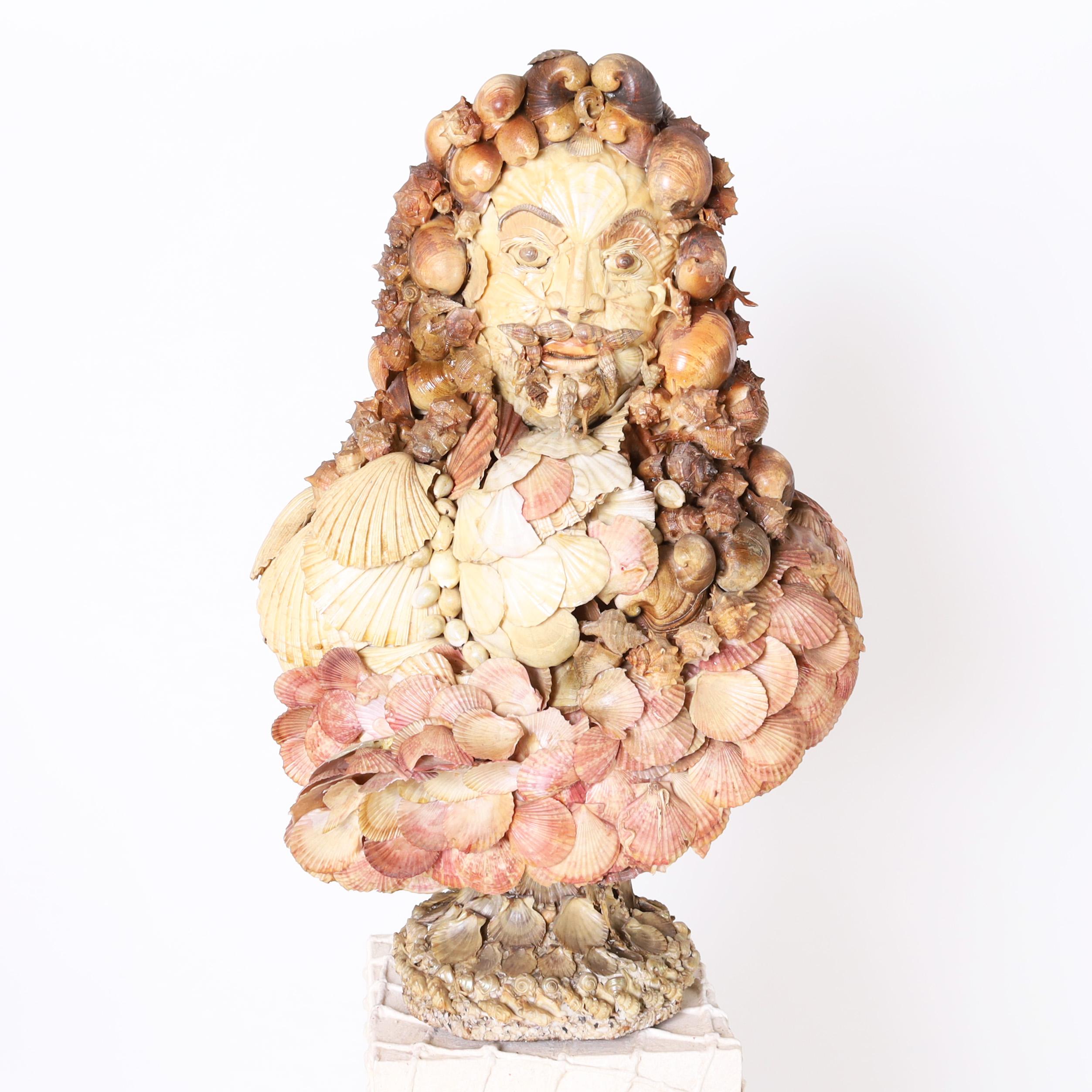 Vintage Seashell Encrusted Grotto Style Bust and Pedestal - Sculpture by Unknown
