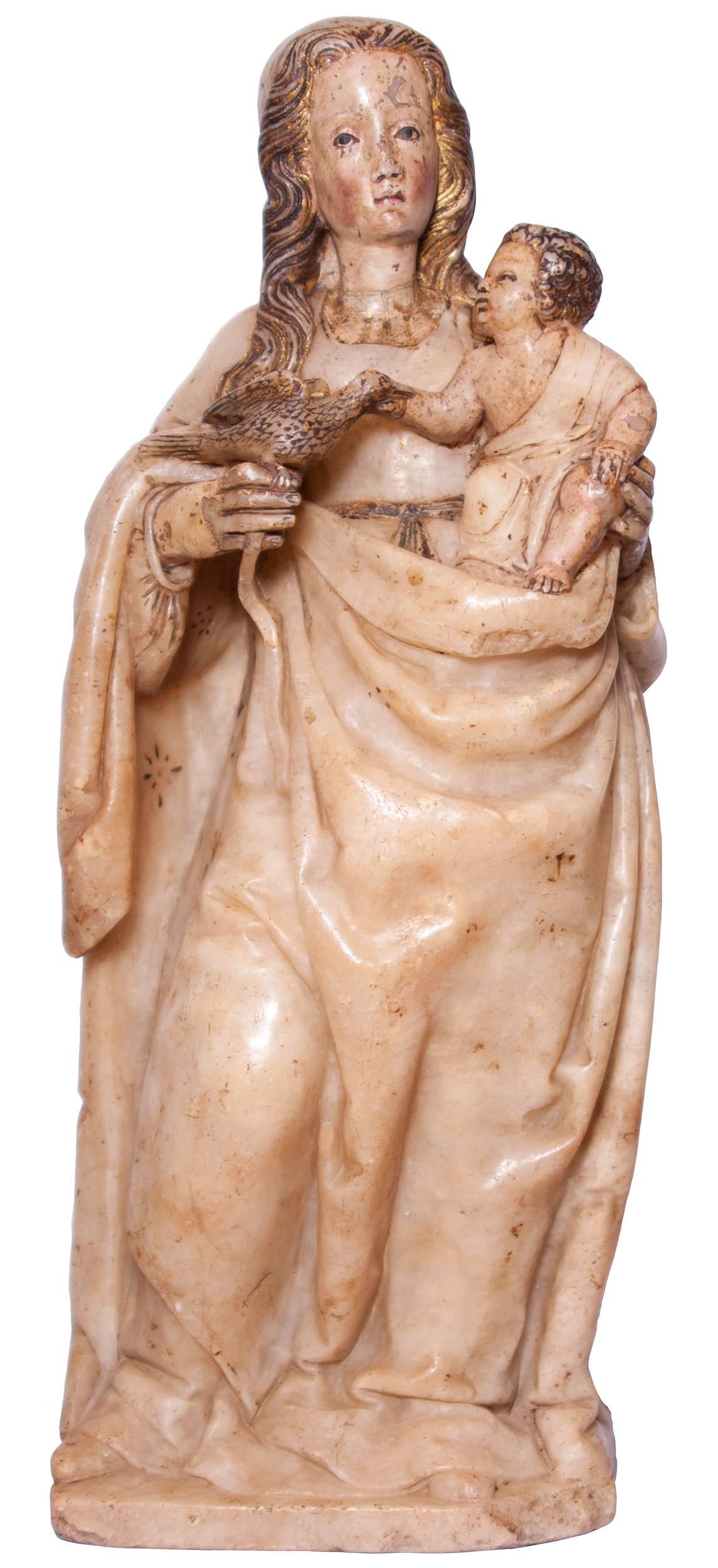 Virgin and Child in alabaster around 1500, Spain - Beige Figurative Sculpture by Unknown