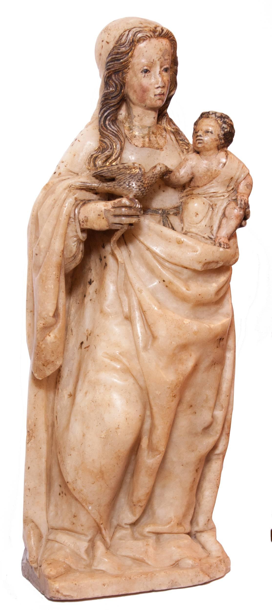 Unknown Figurative Sculpture - Virgin and Child in alabaster around 1500, Spain