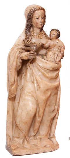 Antique Virgin and Child in alabaster around 1500, Spain