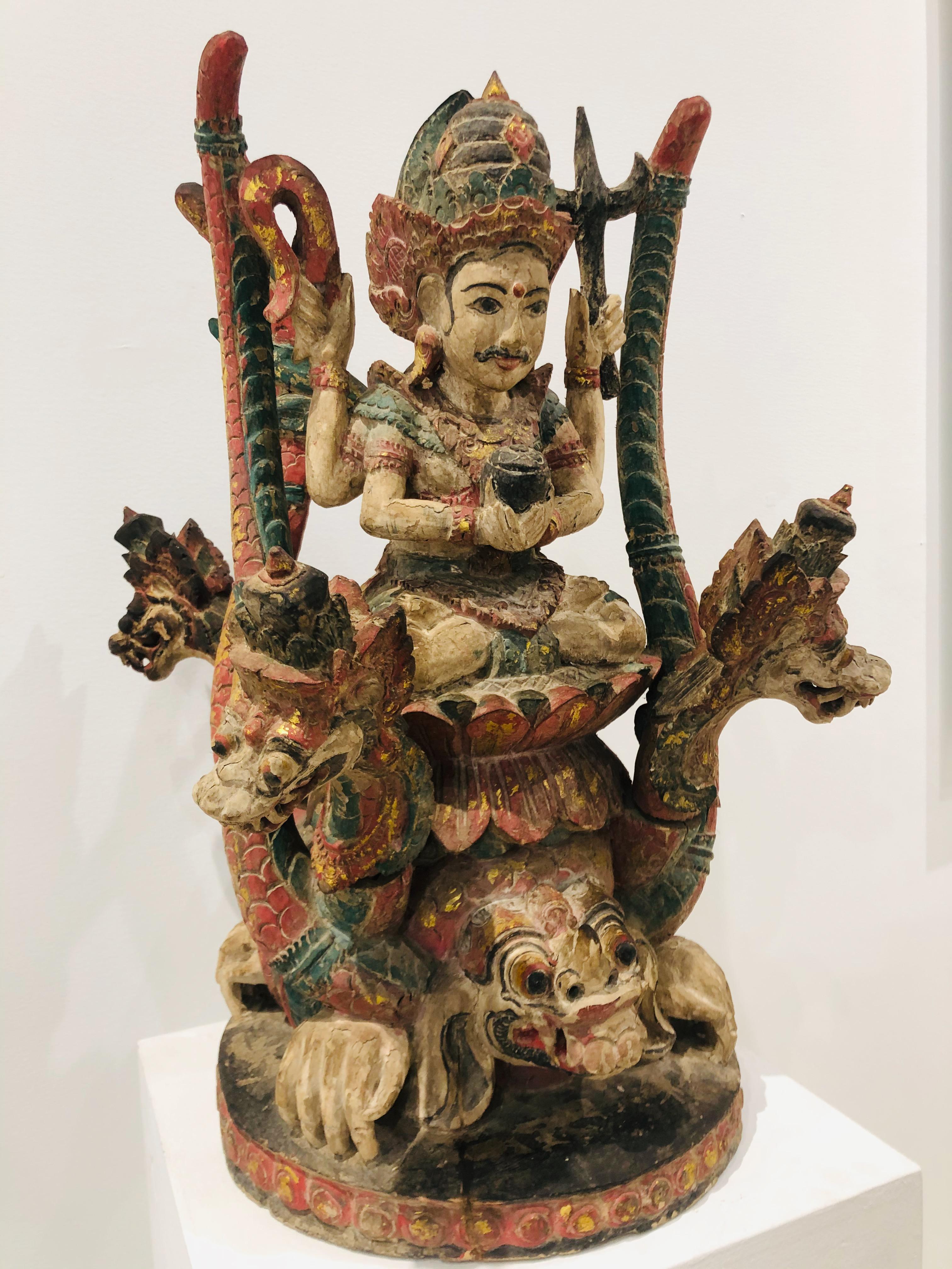  Antique Vishnu Riding Dragon Serpents Carved Polychrome Wood  For Sale 1