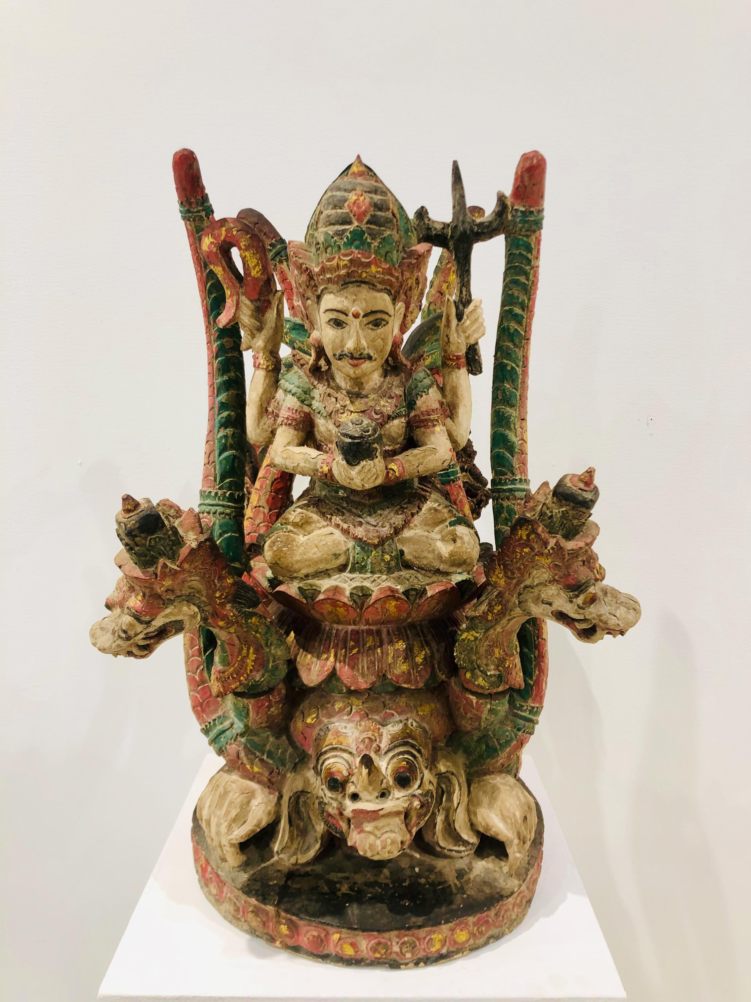  Antique Vishnu Riding Dragon Serpents Carved Polychrome Wood  For Sale 2