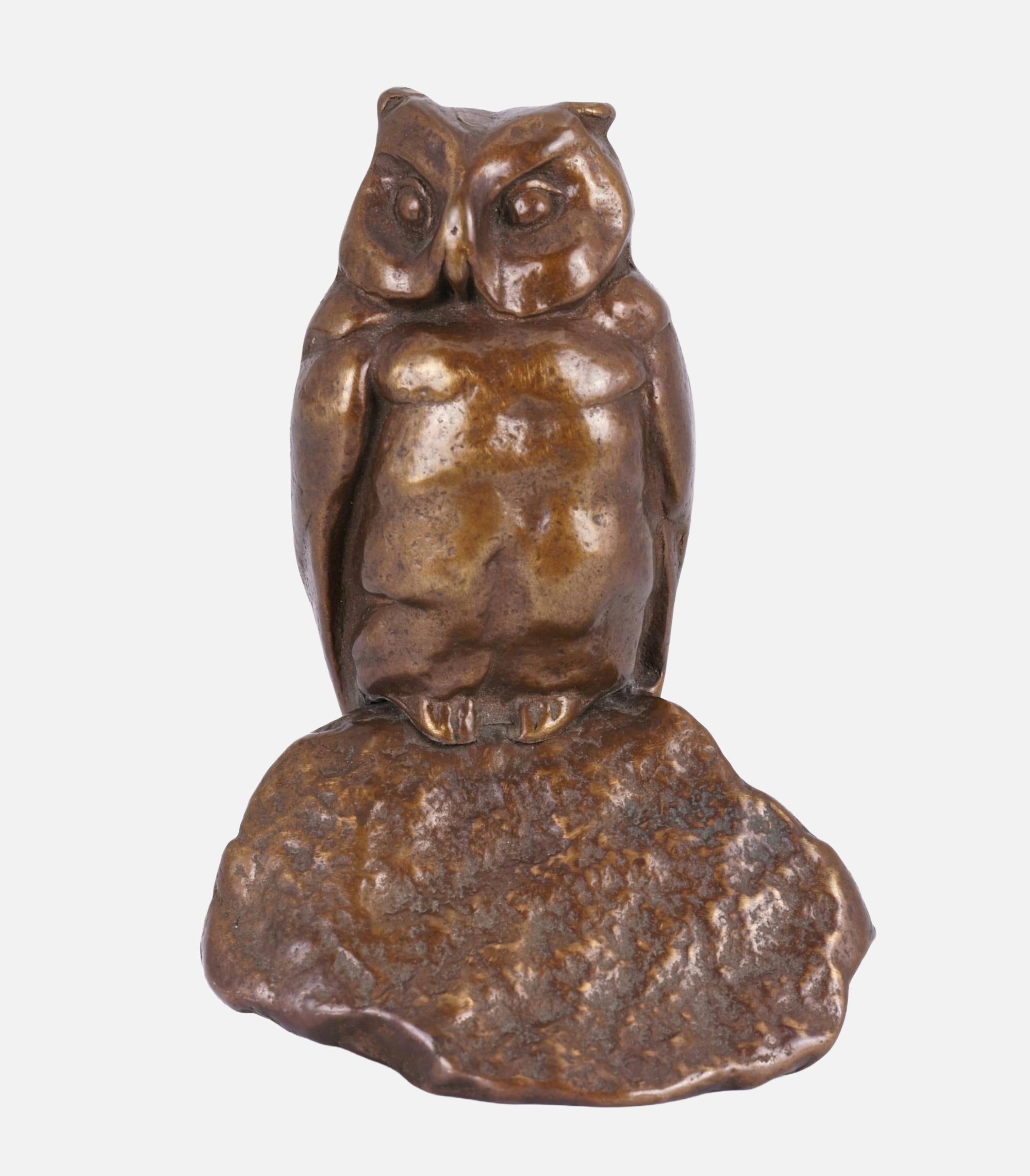 Unknown Figurative Sculpture - Watching Owl on Rock / - The Library Guardian -