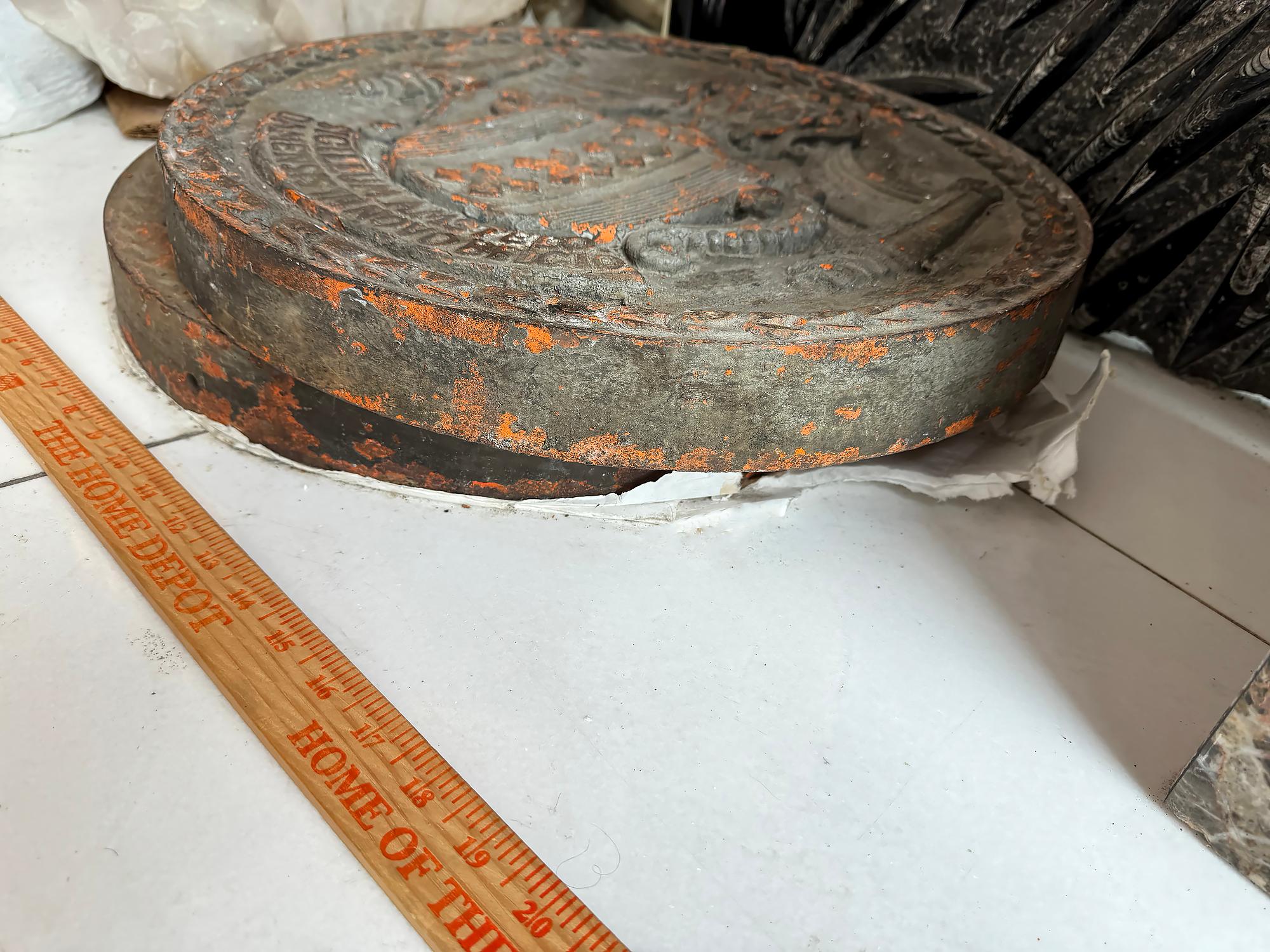 Westside Highway Cast Iron Roundel  Art Deco - Rene Paul Chambellan - Gray Abstract Sculpture by Unknown