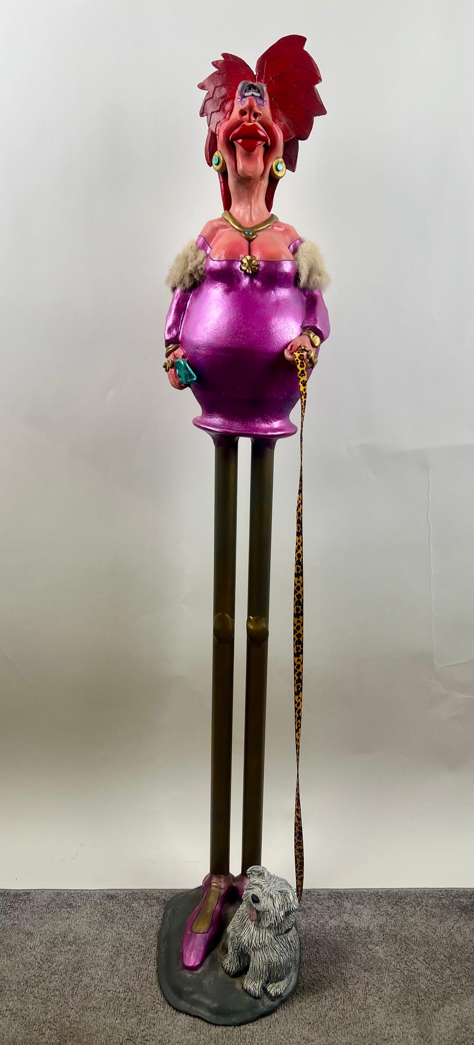 Unknown Figurative Sculpture - Whimsical Life-Size Metal Sculpture of Stylish Lady with Dog, 5 Ft Tall , Signed