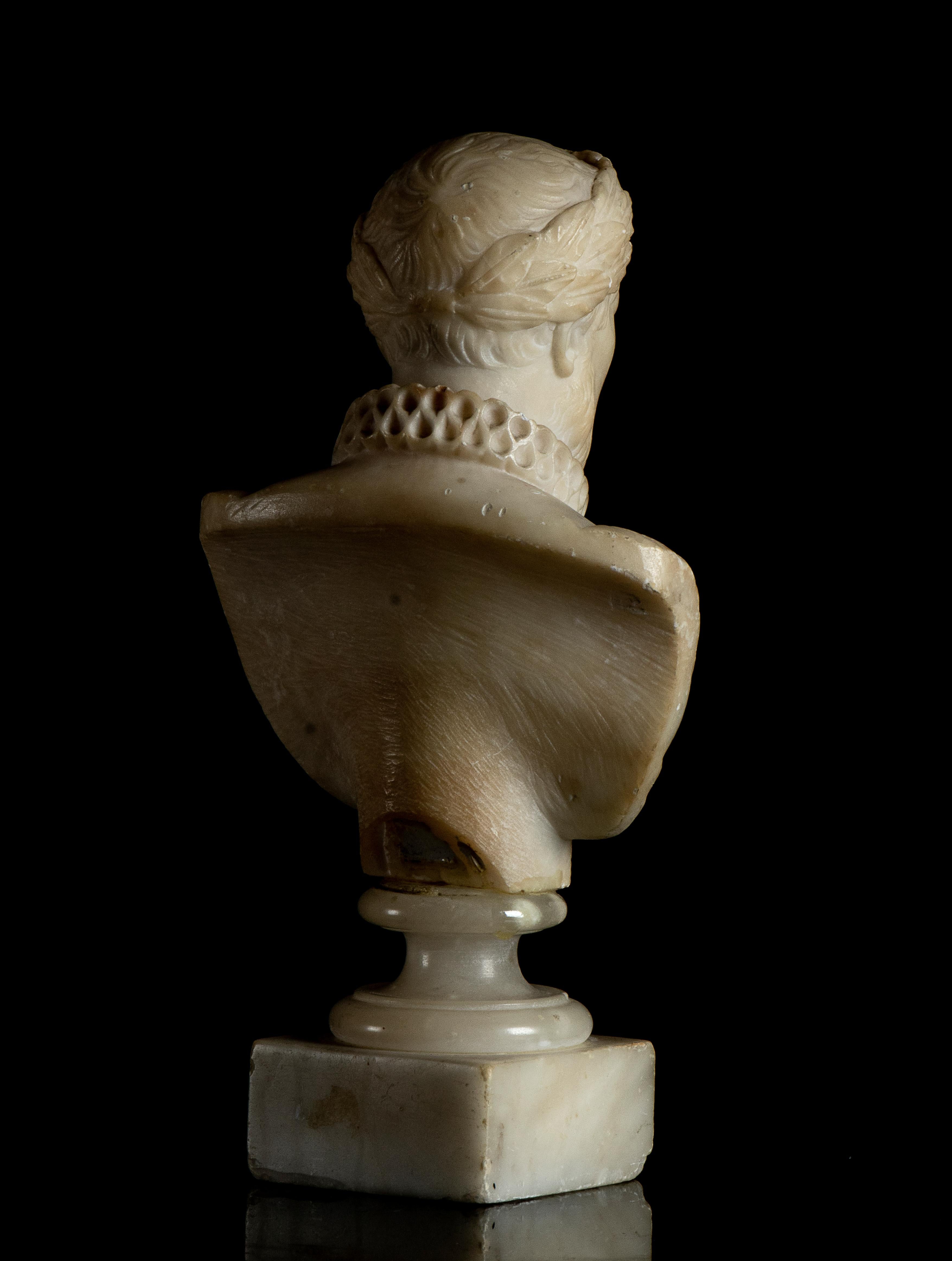 This Alabaster portrait of Miguel de Cervantes Saavedra  29 September 1547 (assumed) – 22 April 1616, show to the observer a typical vision of  the Spanish writer with distinguishing feature of the epoca ( the typical collar of the shirt  and the