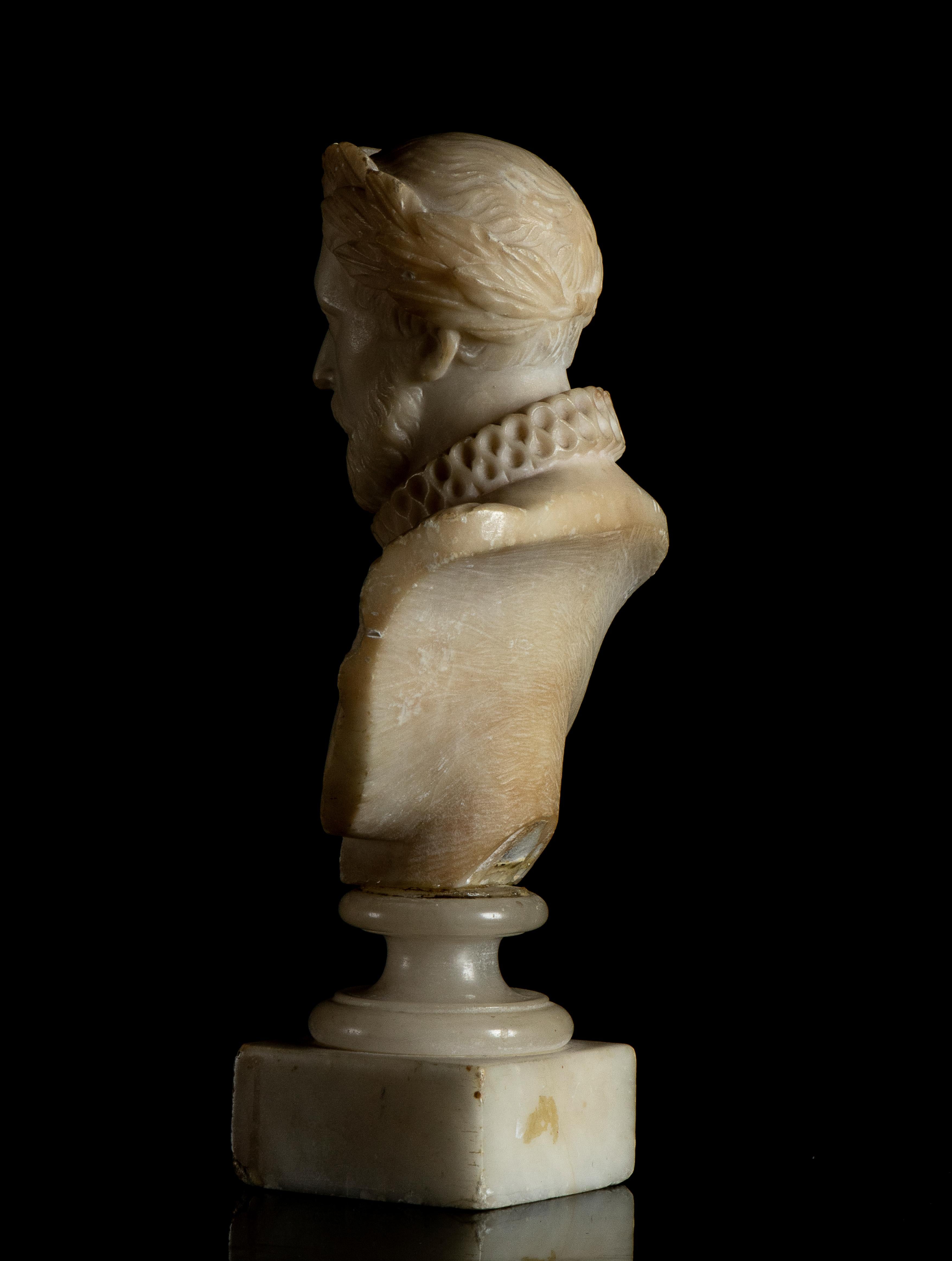 White Alabaster Sculpture Bust portrait of Miguel de Cervantes Grand Tour 20th 2