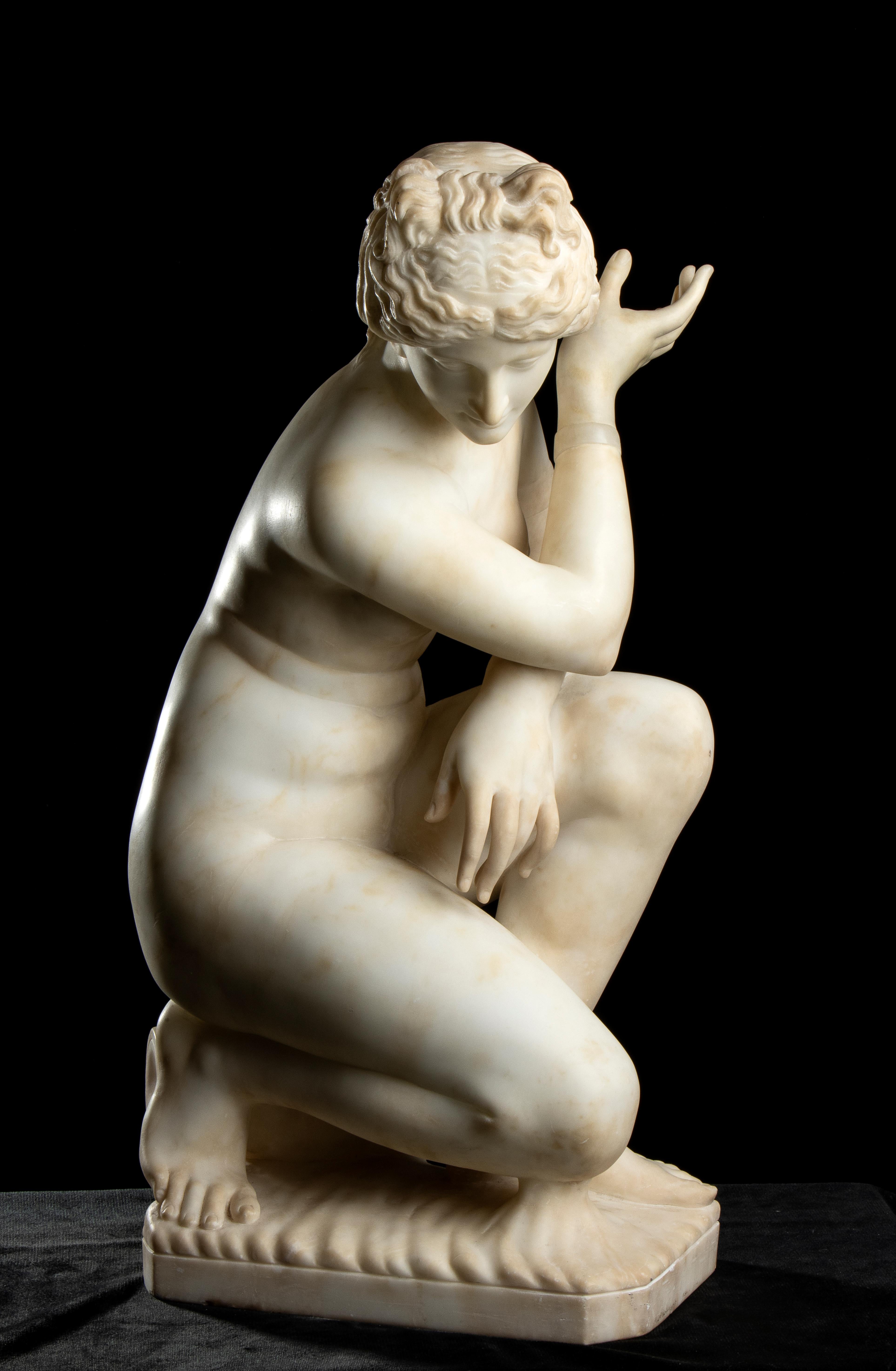 An important grand tour sculpture of the crouching Venus carved in white alabaster .  The original Crouching Aphrodite was a bronze sculpture by Doidalsa, datable to 250 BC. approximately and today known only from copies of the Roman era, among