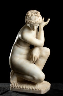 White Alabaster Sculpture of Crouching Venus Tuscany Italy 19th Century 