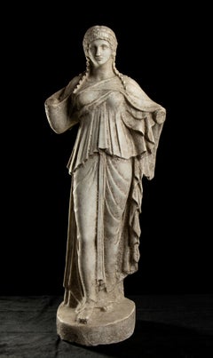 Sculpture Grecque Classique d'Artemis Style Grand Tour Marbre Blanc Vieilli 20ème 