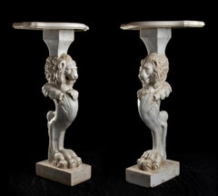 White Marble Pair of Sculptures With Heads of Lions and Ferals Feet Roman Style