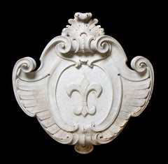 Antique White Marble Sculpture Coat Of Arm With Fleur-de-lis Baroque Style 19th Century