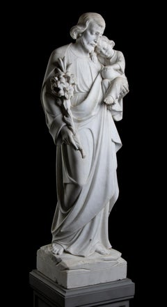 White Marble Sculpture Saint Jospeh With The Infant Jesus  19th Century Italy