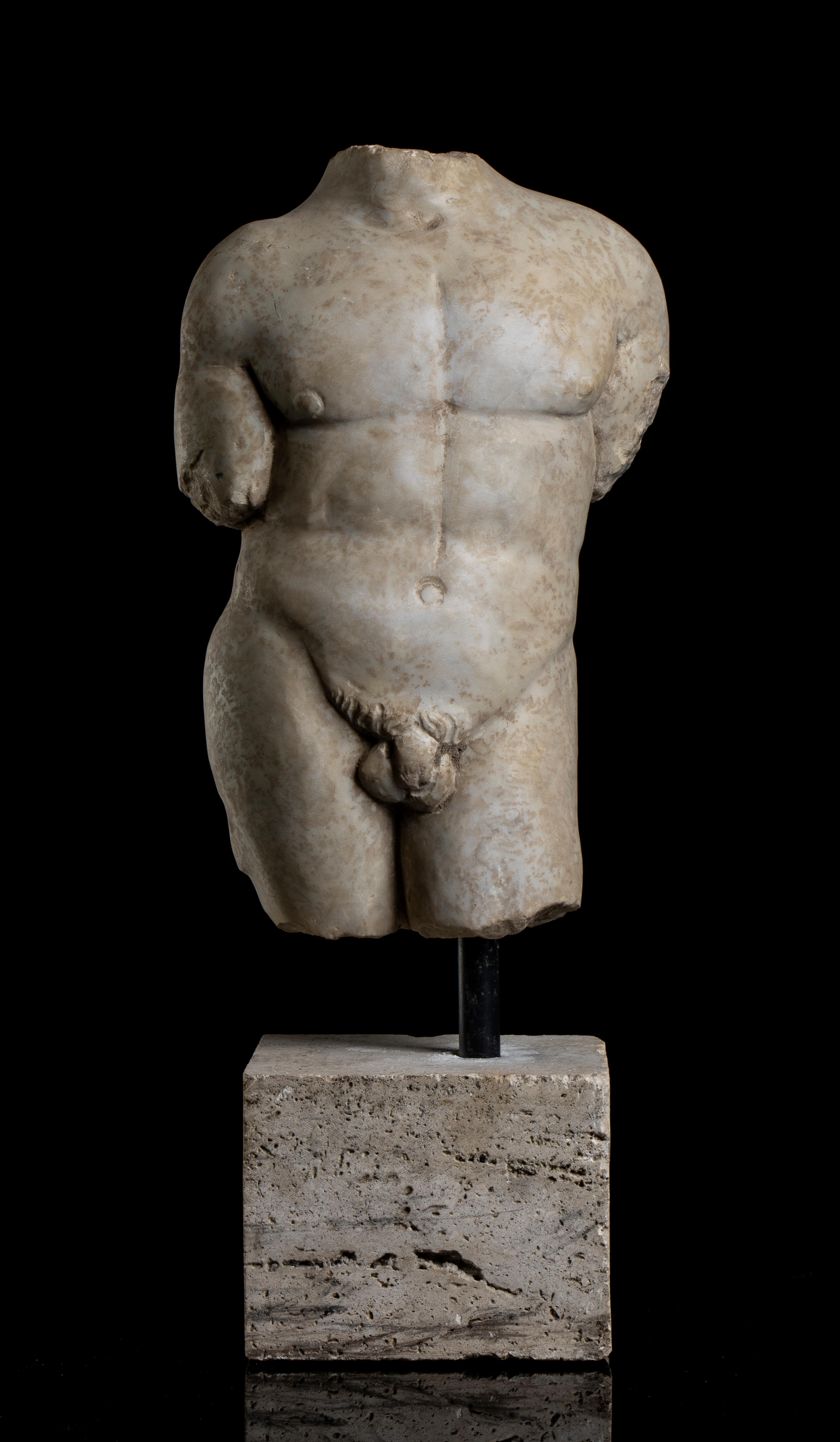 Unknown Figurative Sculpture - White Statuary Aged Marble Torso Man Sculpture Classical Greek Roman Grand Tour 