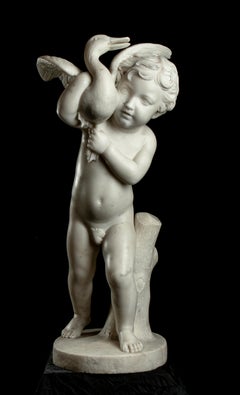 White Statuary Marble Figurative Sculpture of Young Boy Carrying a Goose 19th 
