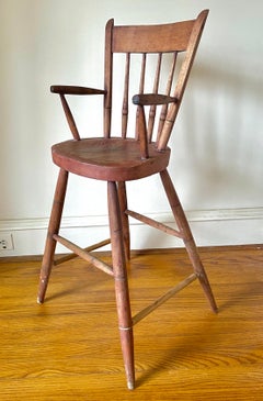 Sedia Windsor antica per bambini: 1880 ca. Americana (Maine). Lavaggio rosso originale.