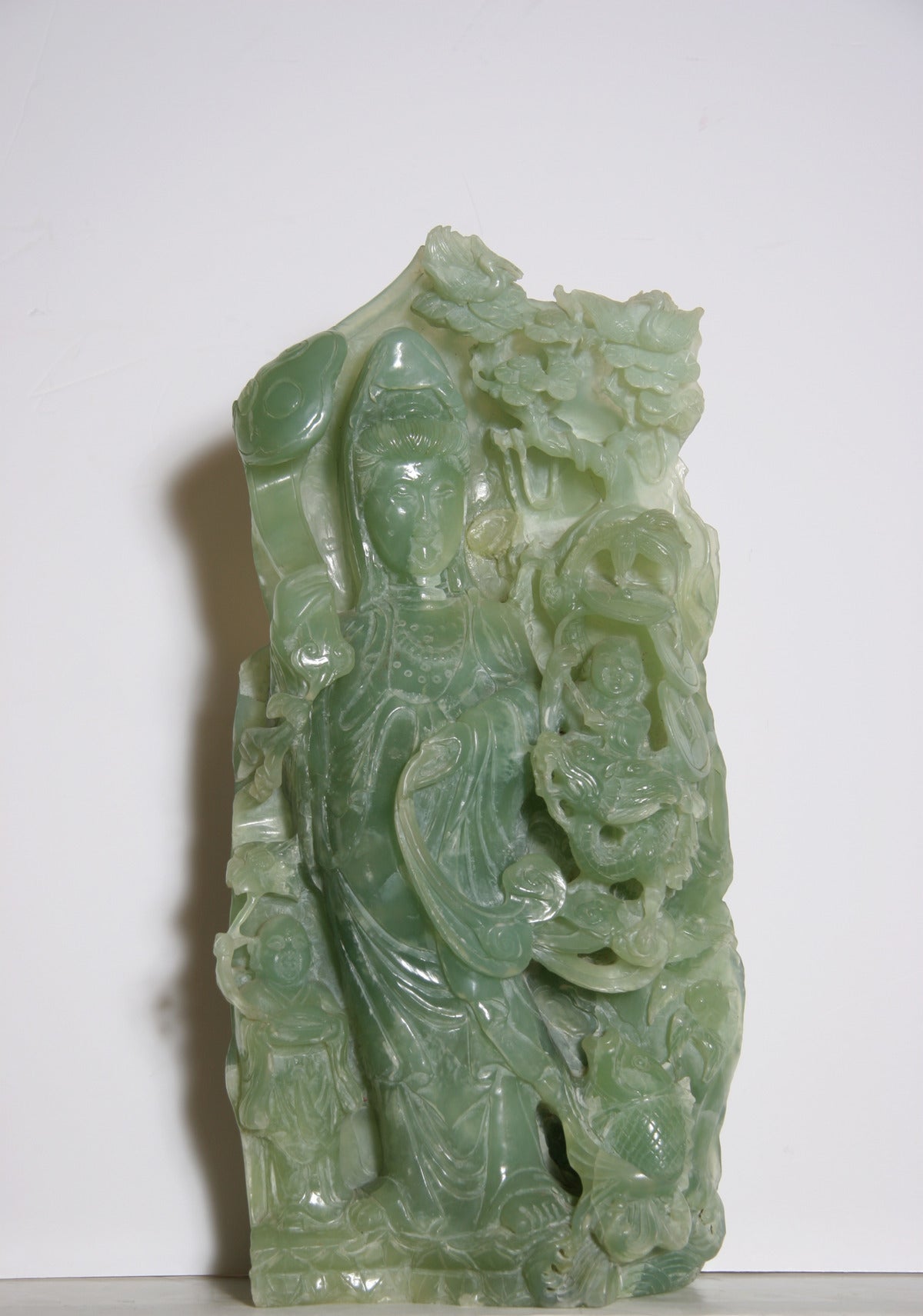 Unknown Figurative Sculpture - Woman and Two Children, Asian Carved Jade Sculpture