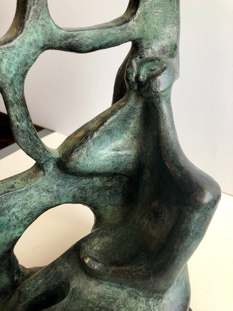 Woman In The Moonlight at the Window Latin American Bronze Modernist Sculpture For Sale 7