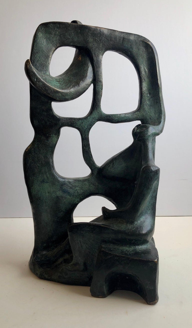 This is a large, heavy bronze sculpture with a verdigris patina. it is signed illegibly. This came from a collection of Latin American art. I believe it might be Mexican.
It bears stylicstic similarities to Mexican modernists such as José Chávez